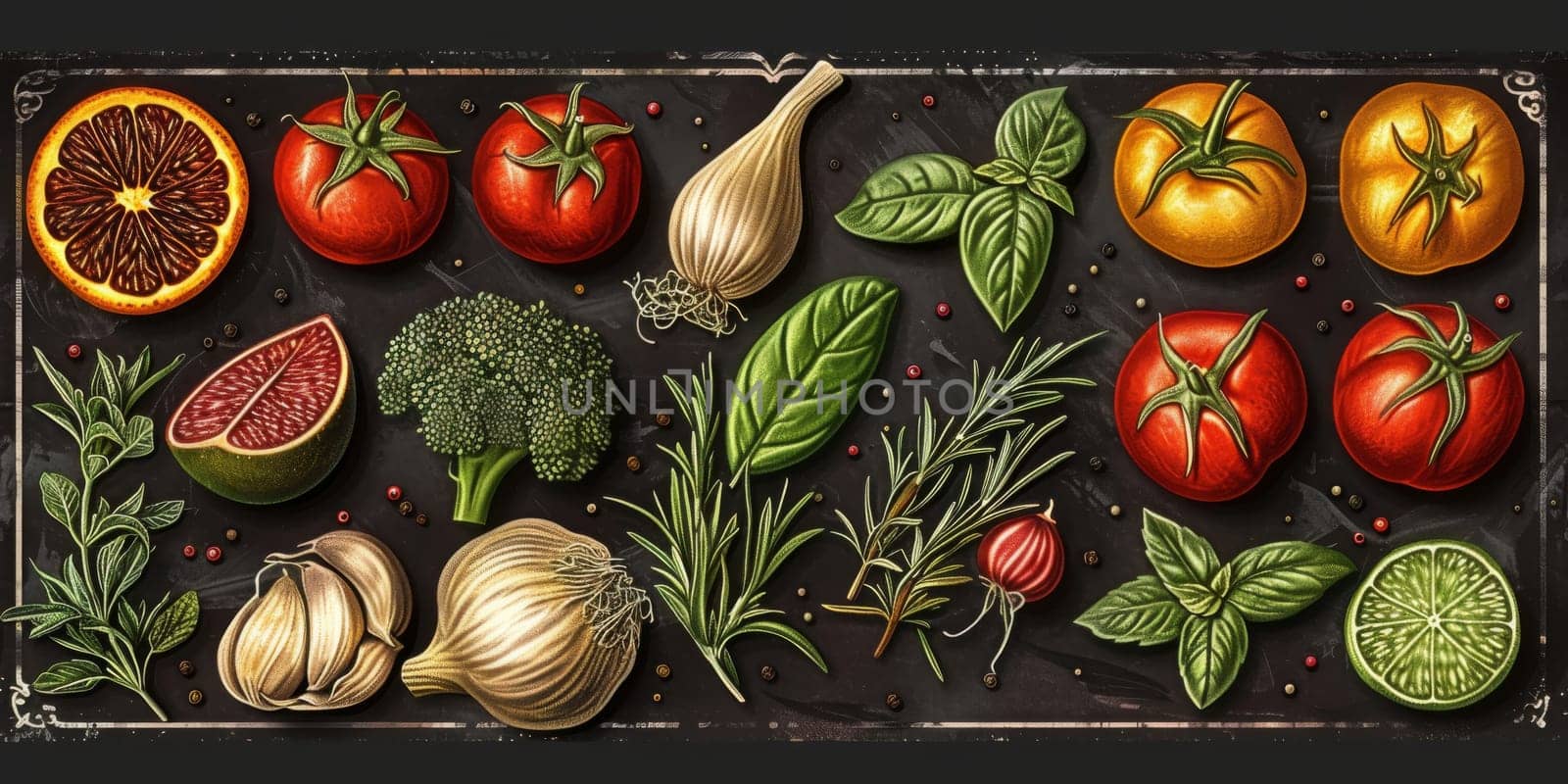 drawing seamless pattern with vegetables and fruits at white background hand drawn illustration. by Benzoix