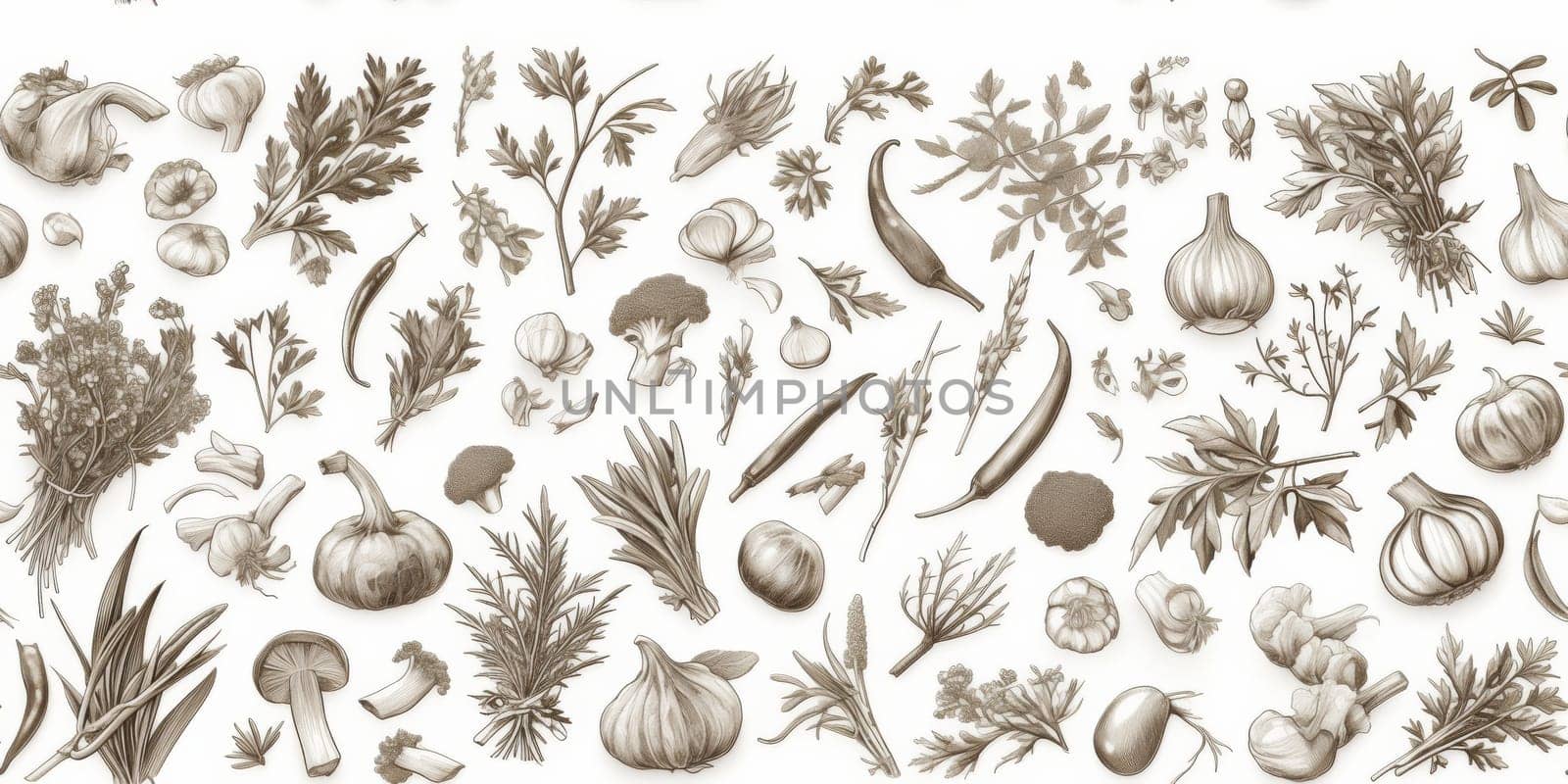 drawing seamless pattern with vegetables and fruits at white background hand drawn illustration. by Benzoix