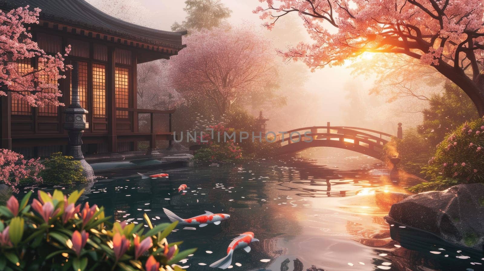 A serene Zen garden at sunrise, with a gently flowing stream, cherry blossoms in full bloom, and a quaint wooden bridge. Resplendent.