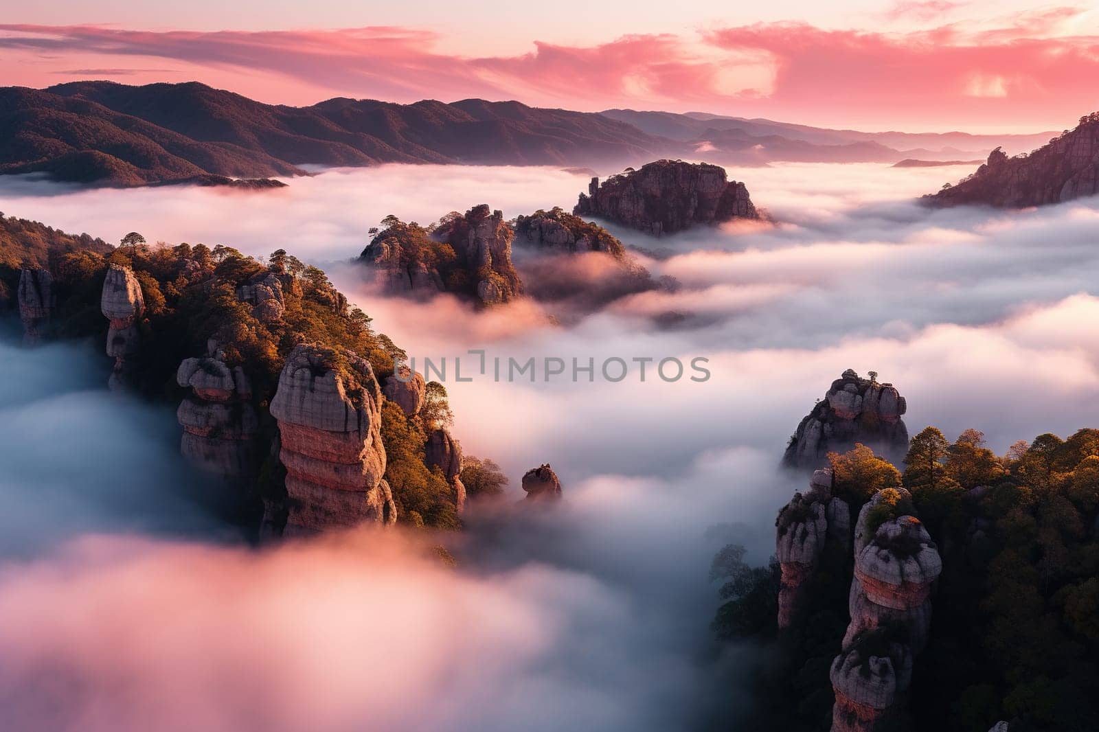 High rocks in pink clouds and fog. Beautiful landscape of mountain peaks.