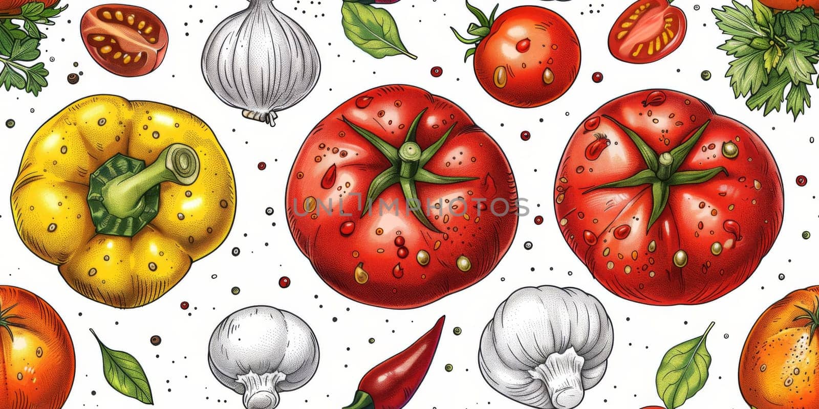 drawing seamless pattern with vegetables and fruits at white background hand drawn illustration. by Benzoix