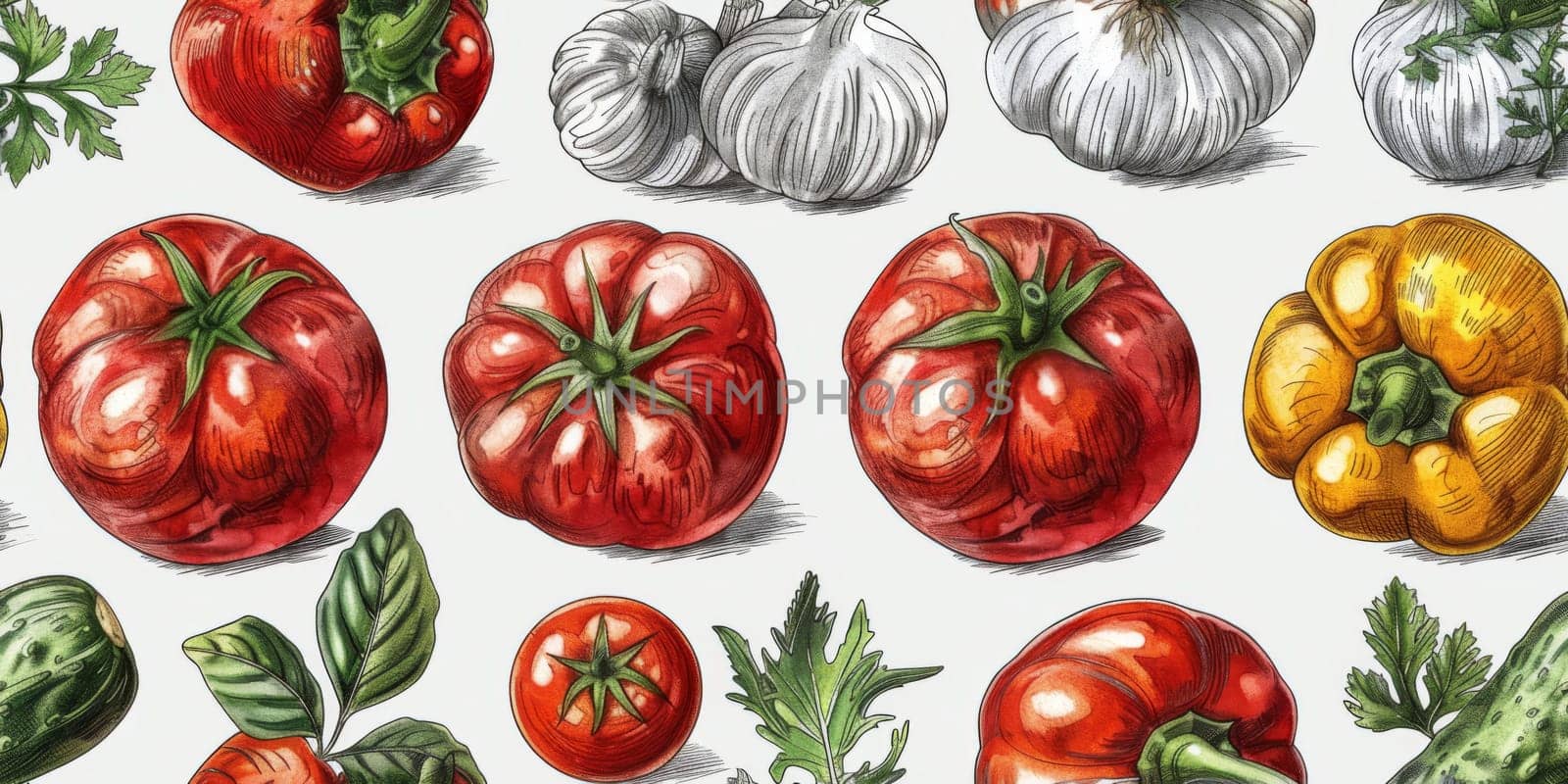 drawing seamless pattern with vegetables and fruits at white background hand drawn illustration. by Benzoix