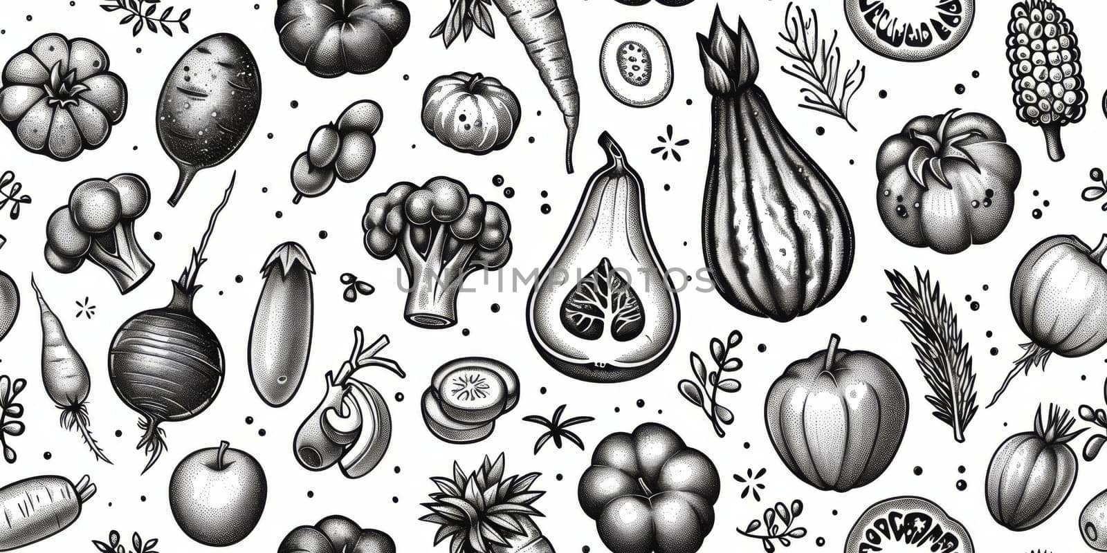 drawing seamless pattern with vegetables and fruits at white background hand drawn illustration