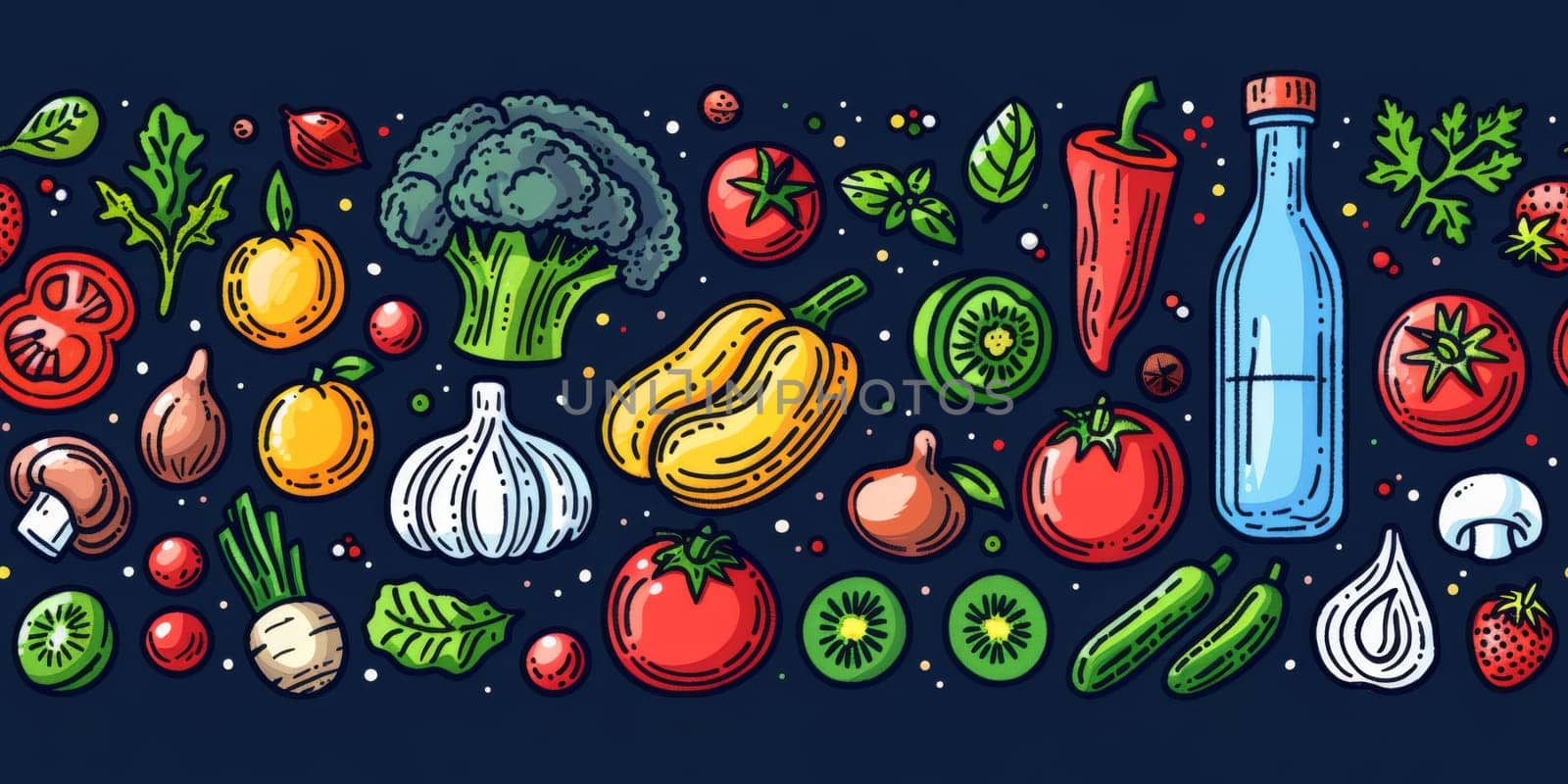 drawing seamless pattern with vegetables and fruits at white background hand drawn illustration. by Benzoix