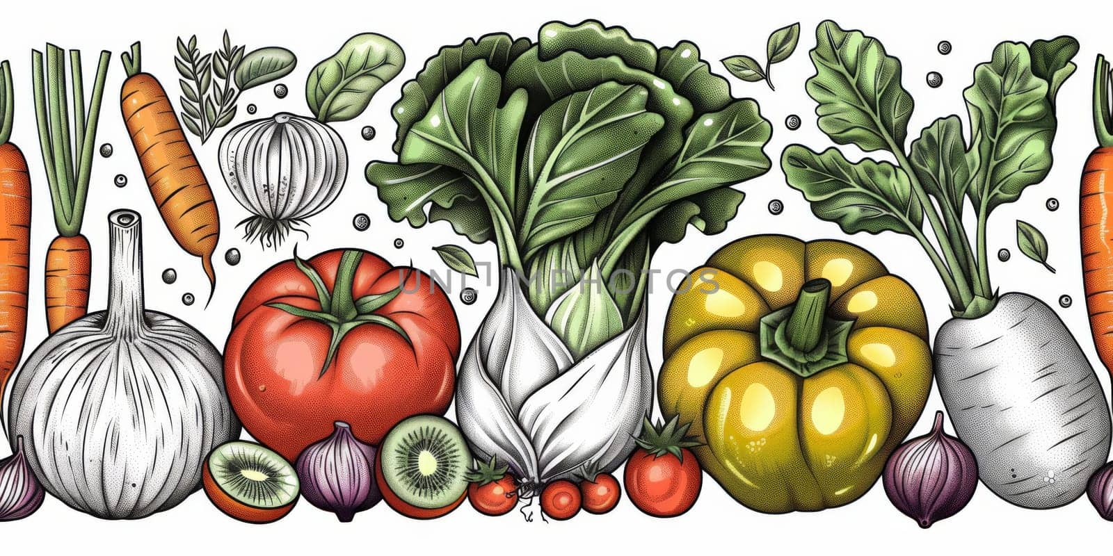drawing seamless pattern with vegetables and fruits at white background hand drawn illustration. by Benzoix