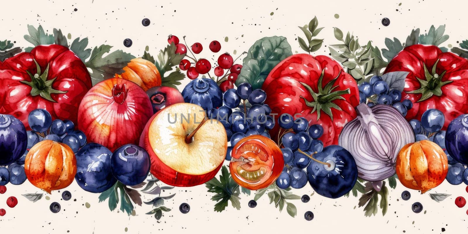 drawing seamless pattern with vegetables and fruits at white background hand drawn illustration. by Benzoix