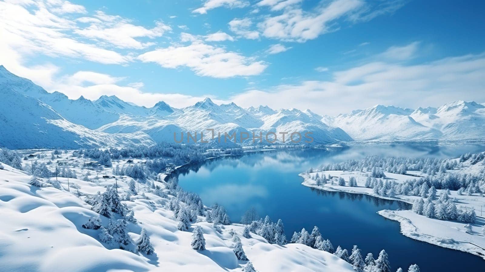 Beautiful winter landscape of snow-capped mountains and river.