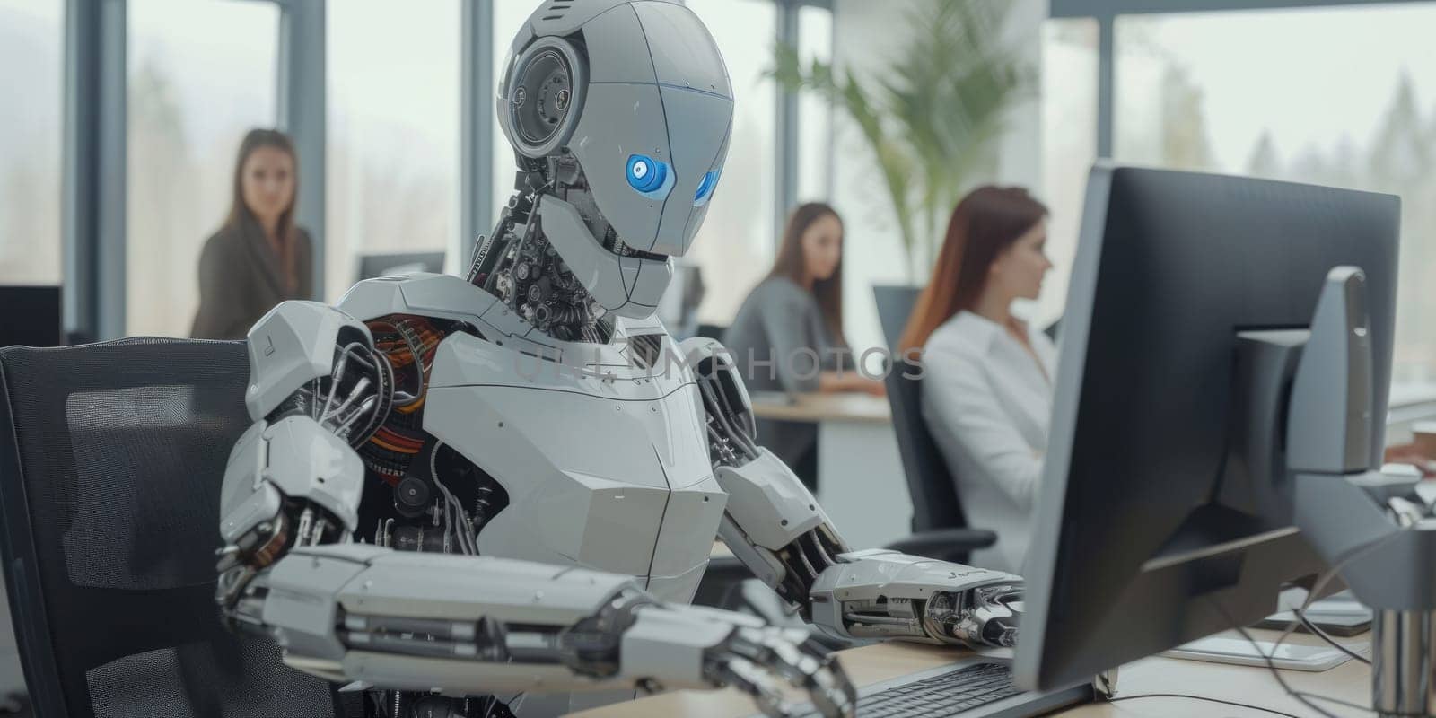 Futuristic Robot Working Alongside Humans in Office AIG41 by biancoblue