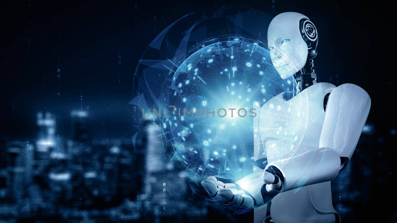 XAI 3d illustration AI hominoid robot holding hologram screen shows concept of global communication network using artificial intelligence thinking by machine learning process. 3D rendering computer graphic.