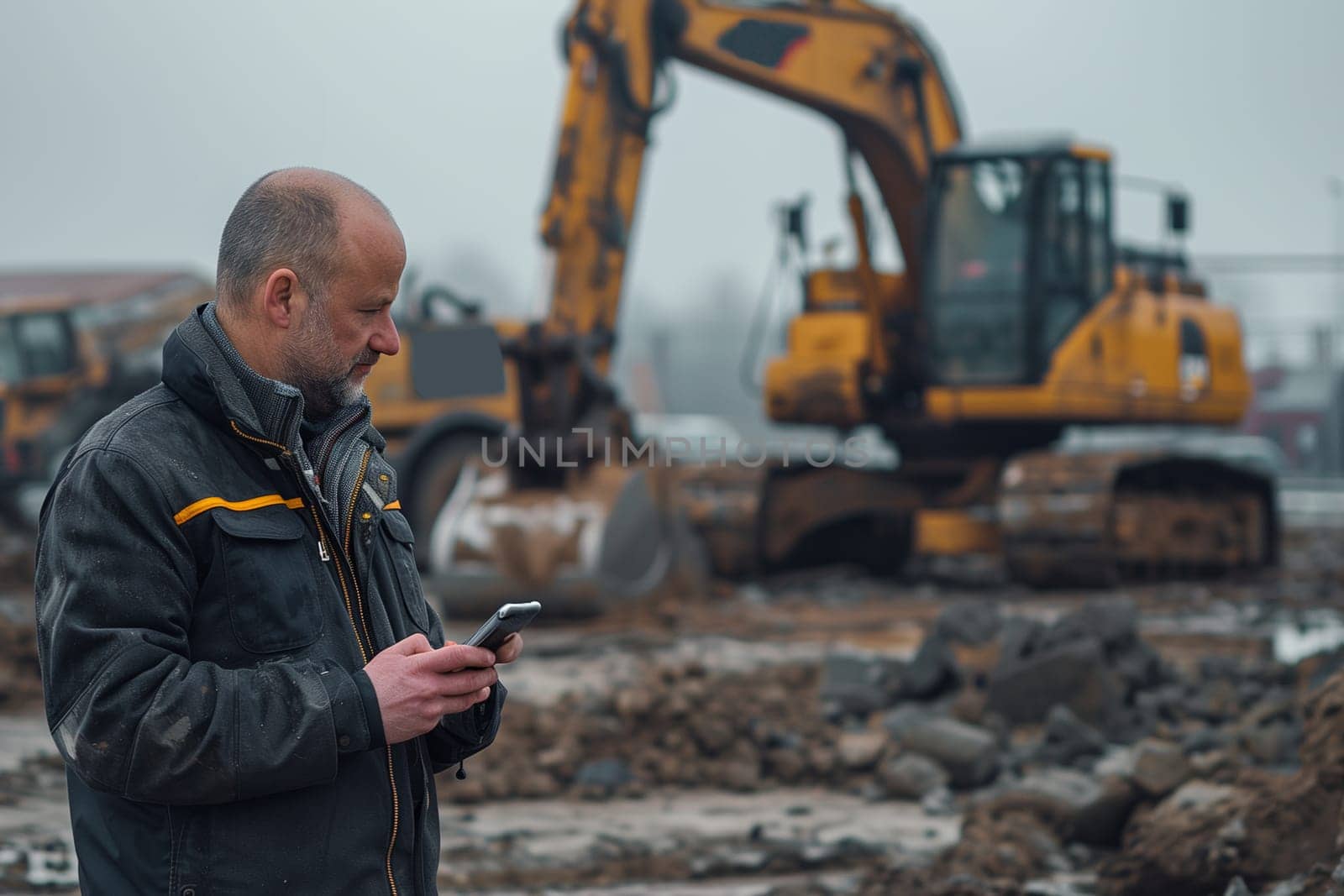 Businessman using smart phone in front of excavator.