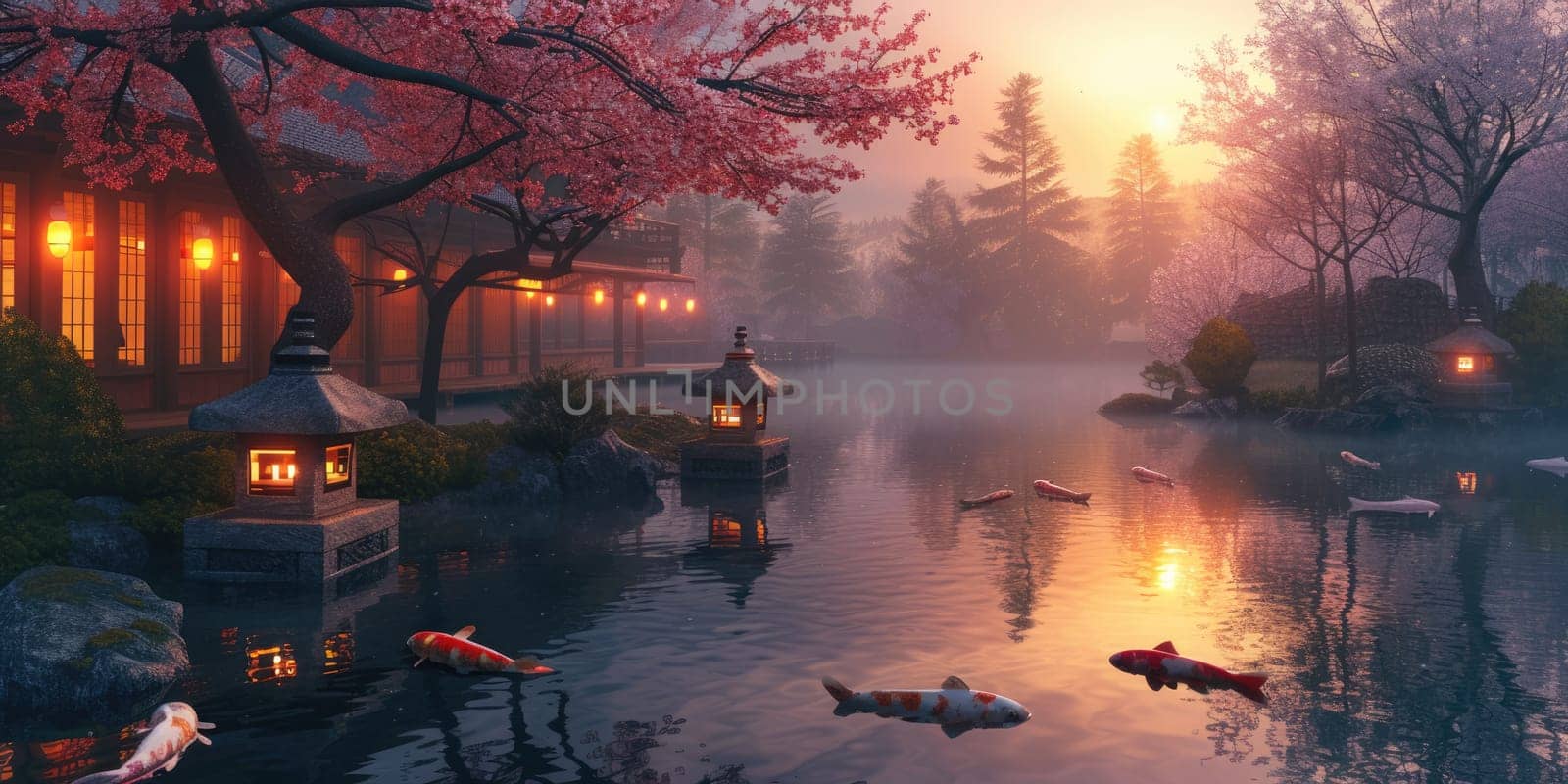 Sunset Glow at a Peaceful Japanese Pavilion by a Koi Pond. Resplendent. by biancoblue