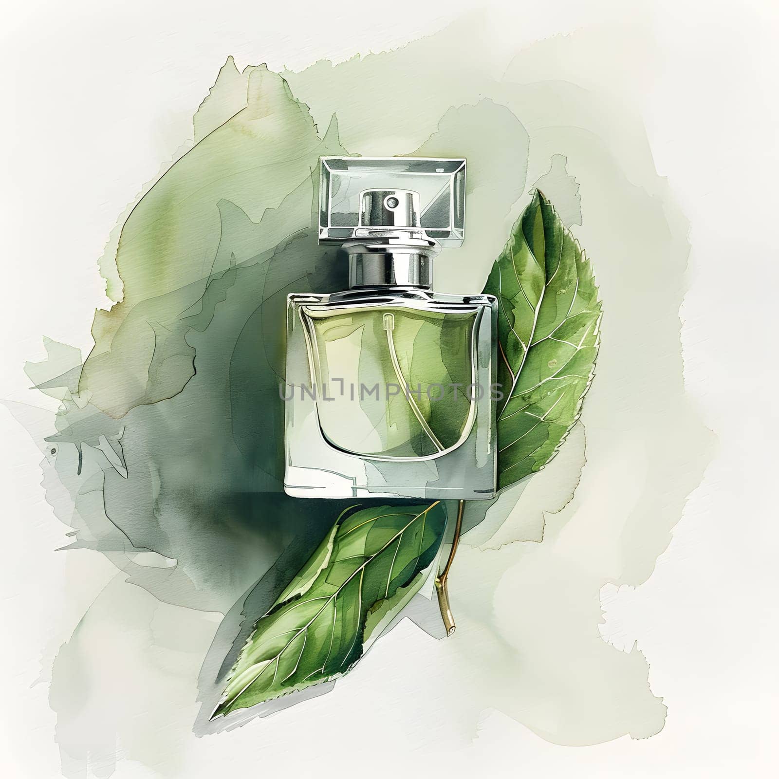 A bottle of perfume with green leaves illustrated on a watercolor background, showcasing the fluid nature of the fragrance within the transparent glass container