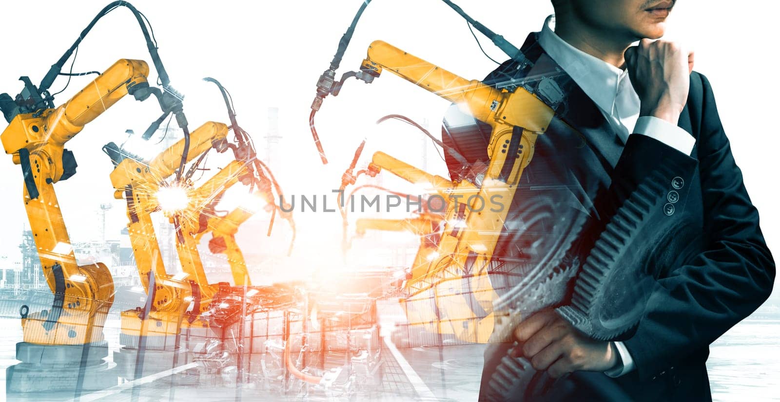 XAI Mechanized industry robot arm and factory worker double exposure. Concept of robotics technology for industrial revolution and automated manufacturing process.