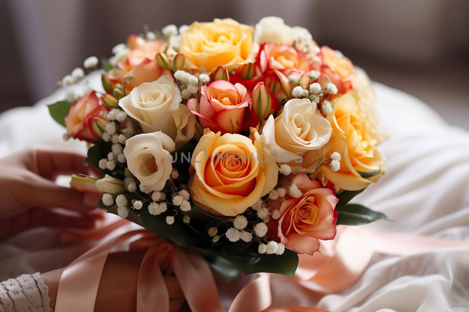 The bride holds an elegant delicate bouquet in her hands. Wedding day concept.