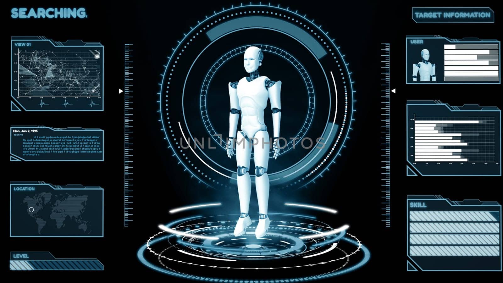 XAI 3d illustration Futuristic robot, artificial intelligence CGI big data analytics and programming. Robotic man 3D render animation. 3D illustration.