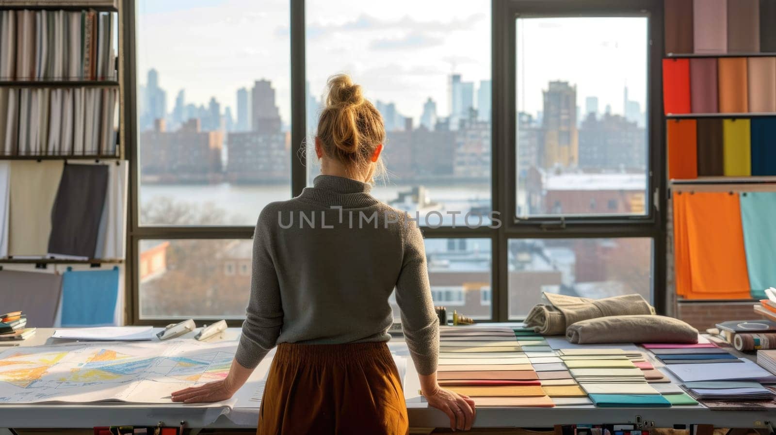 An interior designer is absorbed in evaluating various fabric samples spread across her studio table, with a backdrop of the cityscape outside. AIG41