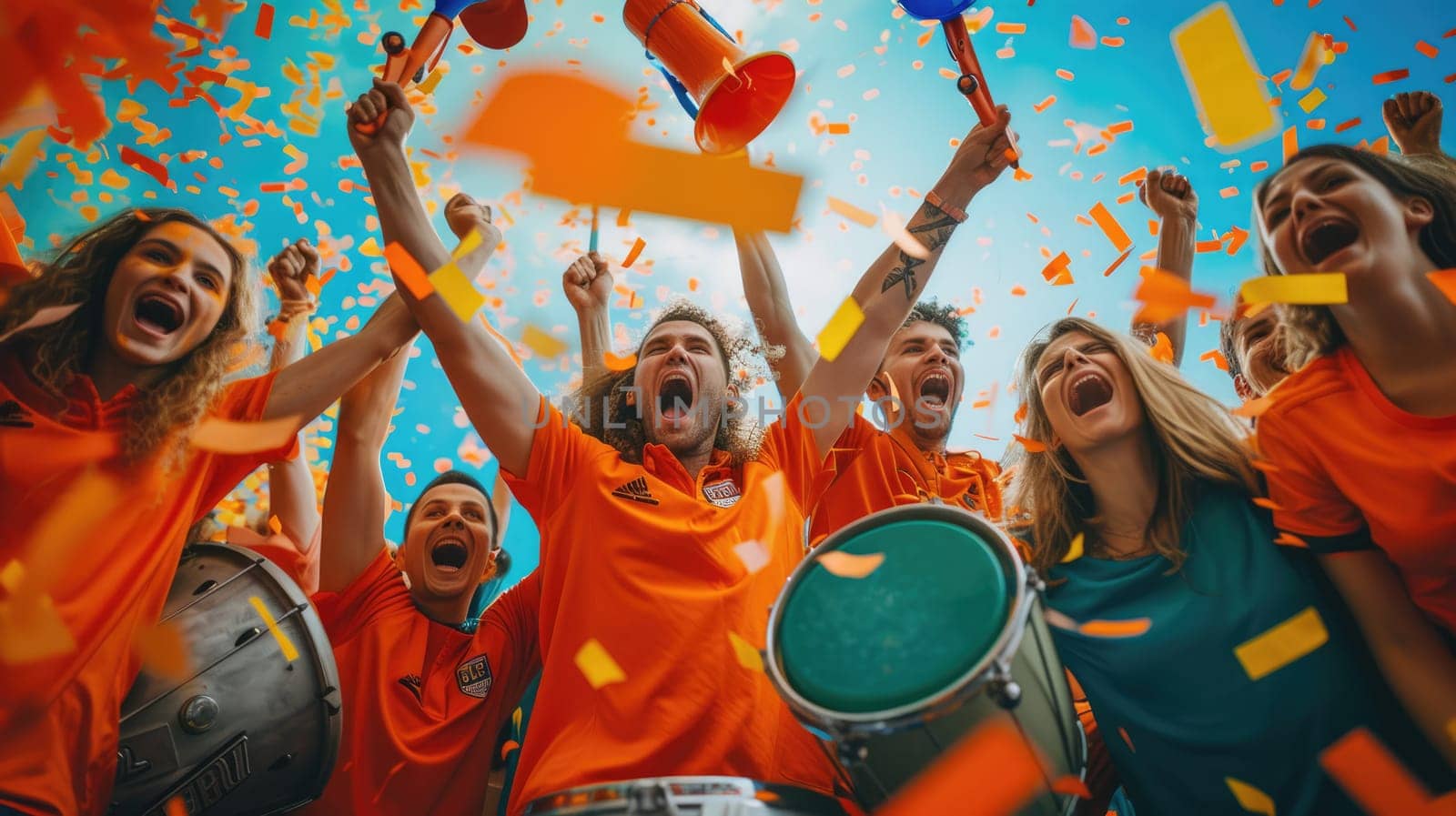 A joyful group of musicians wearing orange shirts and big smiles, playing drums and other musical instruments in a vibrant crowd. AIG41