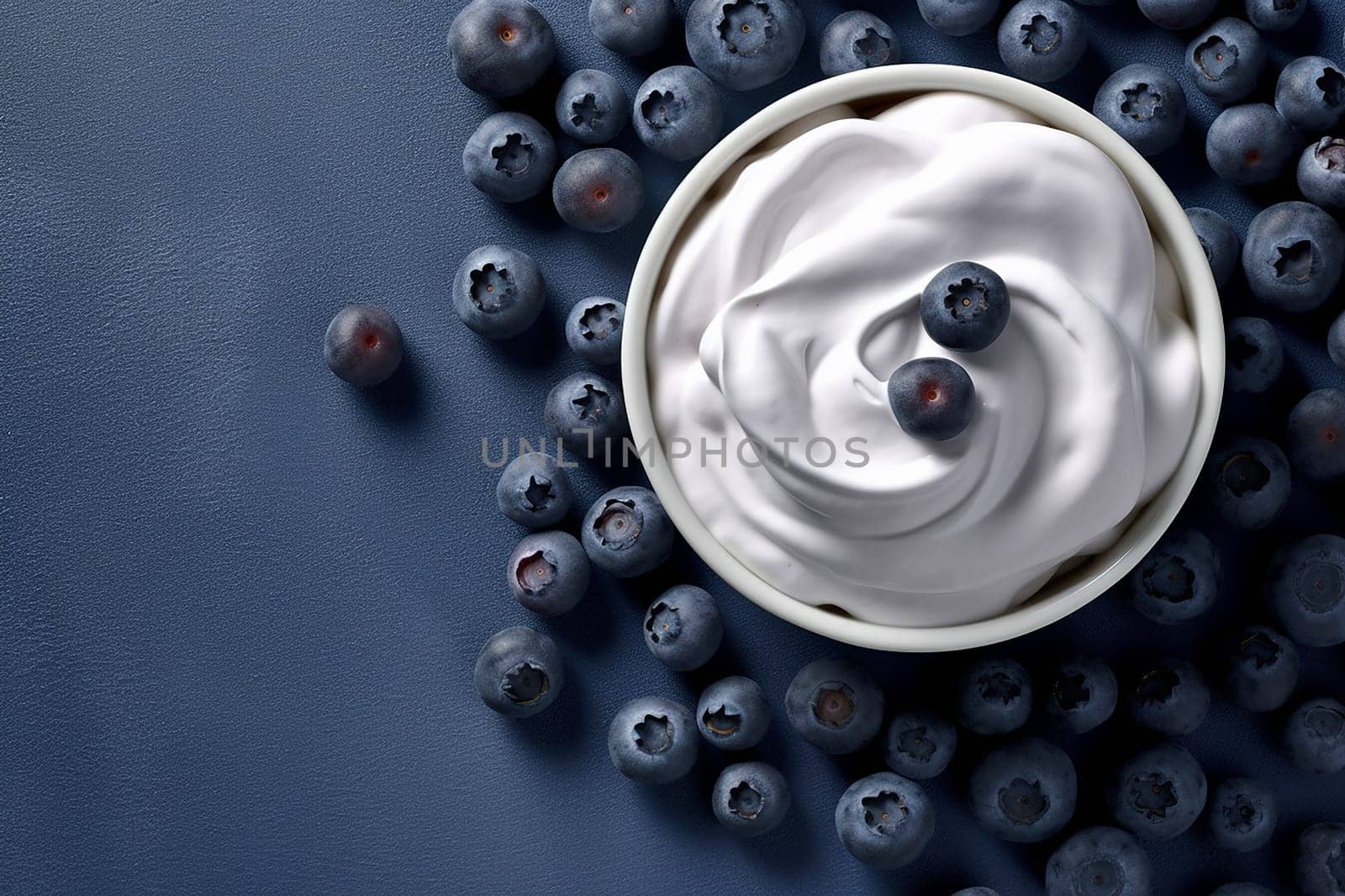 Bowl of yogurt with blueberries on a dark surface. by Hype2art