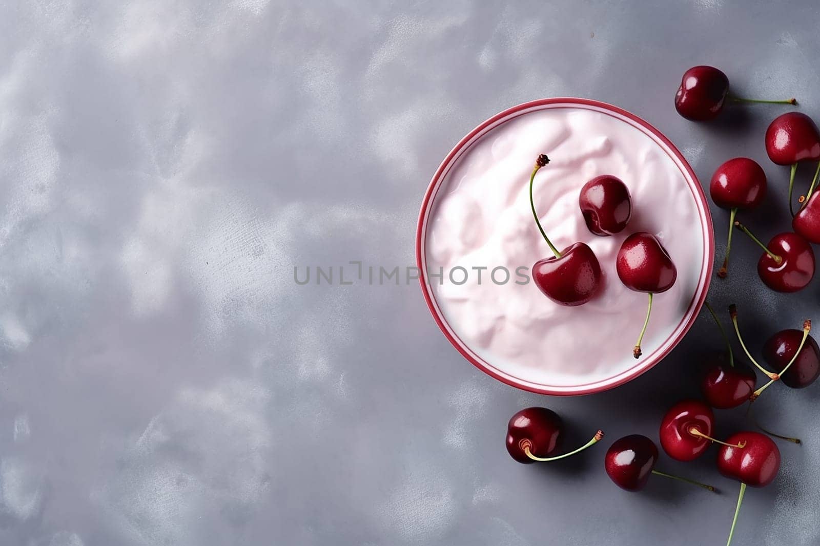 A bowl of pink cherry ice cream yogurt with fresh cherries on a gray background. by Hype2art