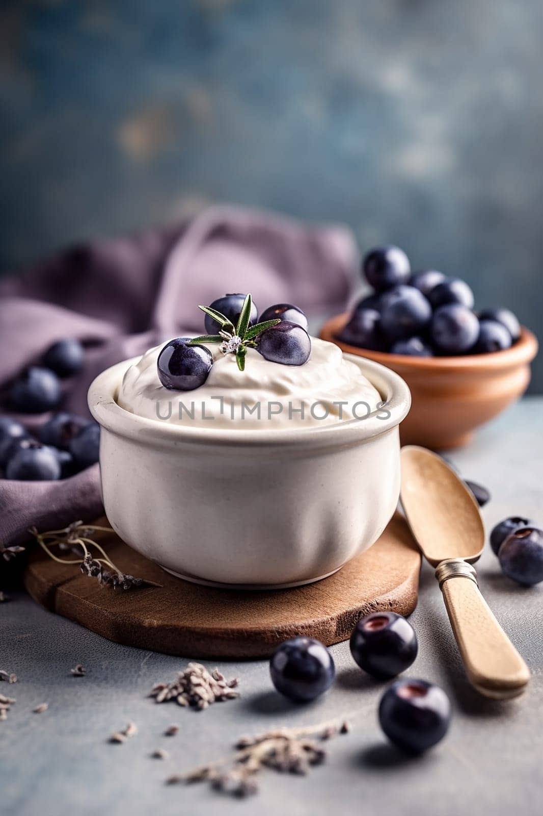 Bowl of yogurt with fresh blueberries on a wooden board.