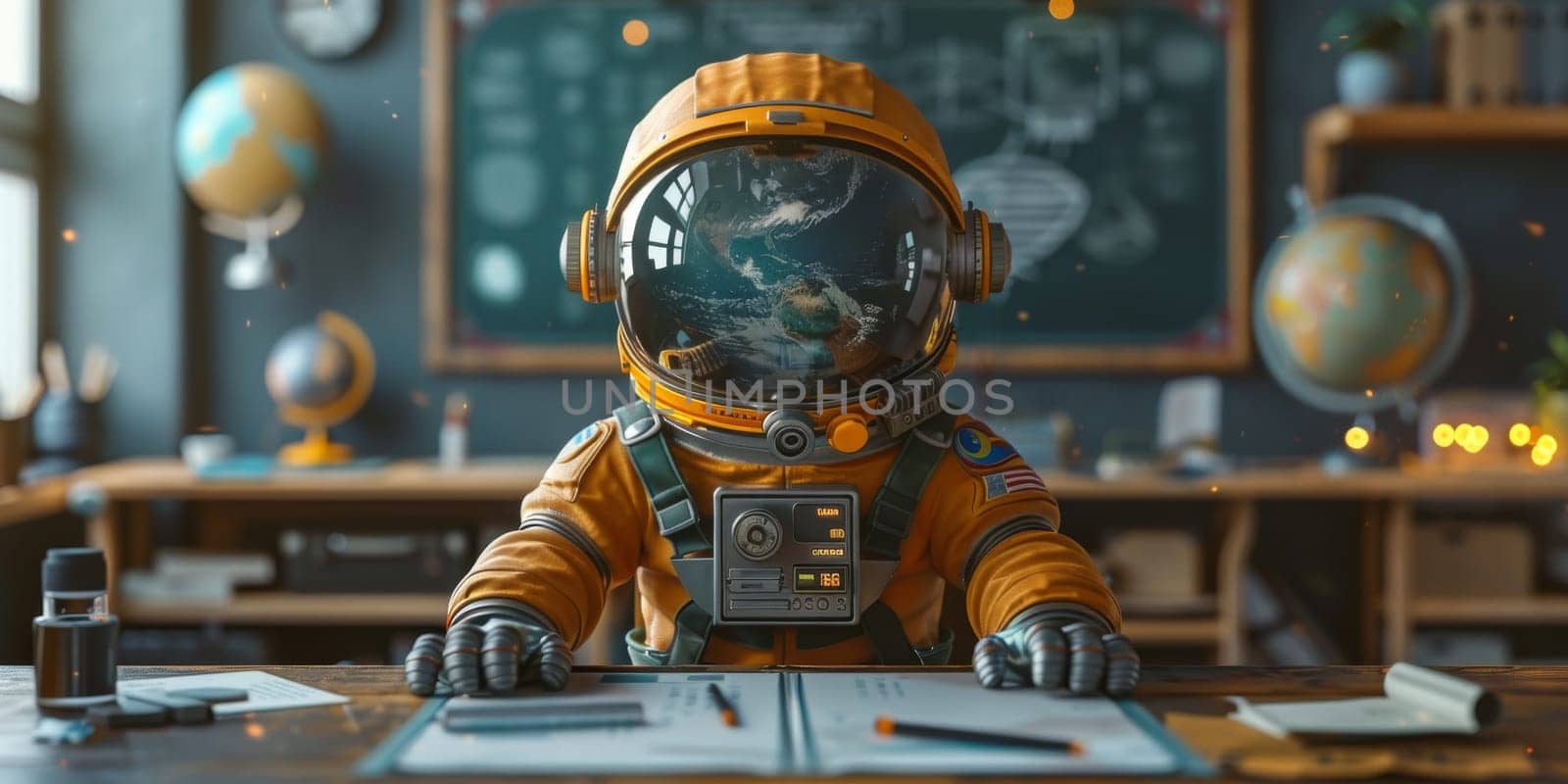 Astronaut in the classroom learning on planet. Exploration and colonization sci-fi art class.