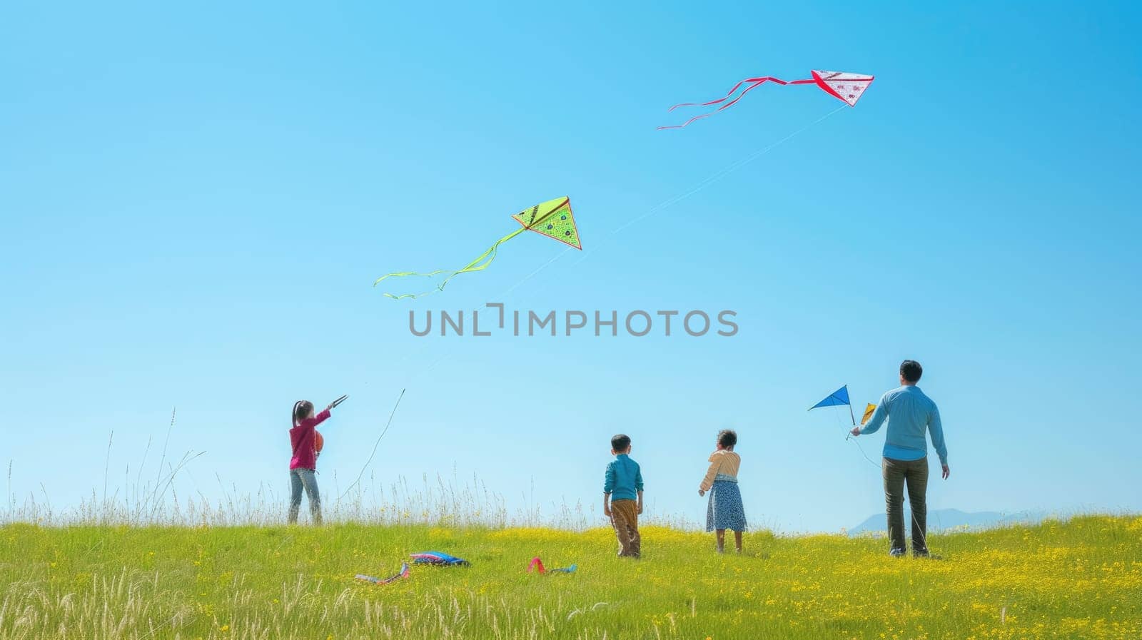 A happy family enjoys flying kites in the sky, surrounded by the natural landscape of a grassy field under the clouds. AIG41