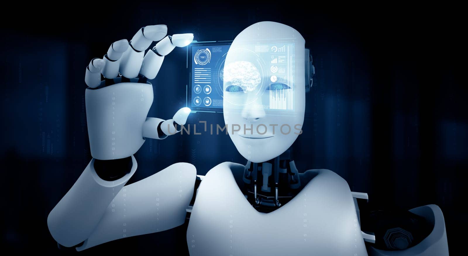 XAI 3d illustration Robot humanoid hold HUD hologram screen in concept of AI thinking brain, artificial intelligence and machine learning process for the 4th fourth industrial revolution. 3D illustration.