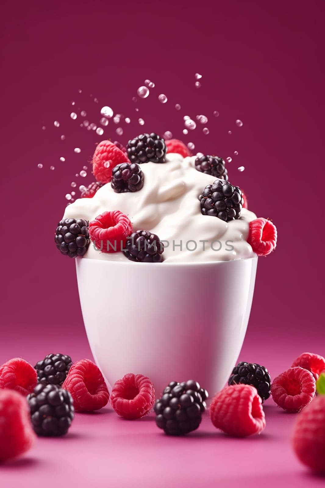 A bowl of ice cream with fresh raspberries and blueberries on top.