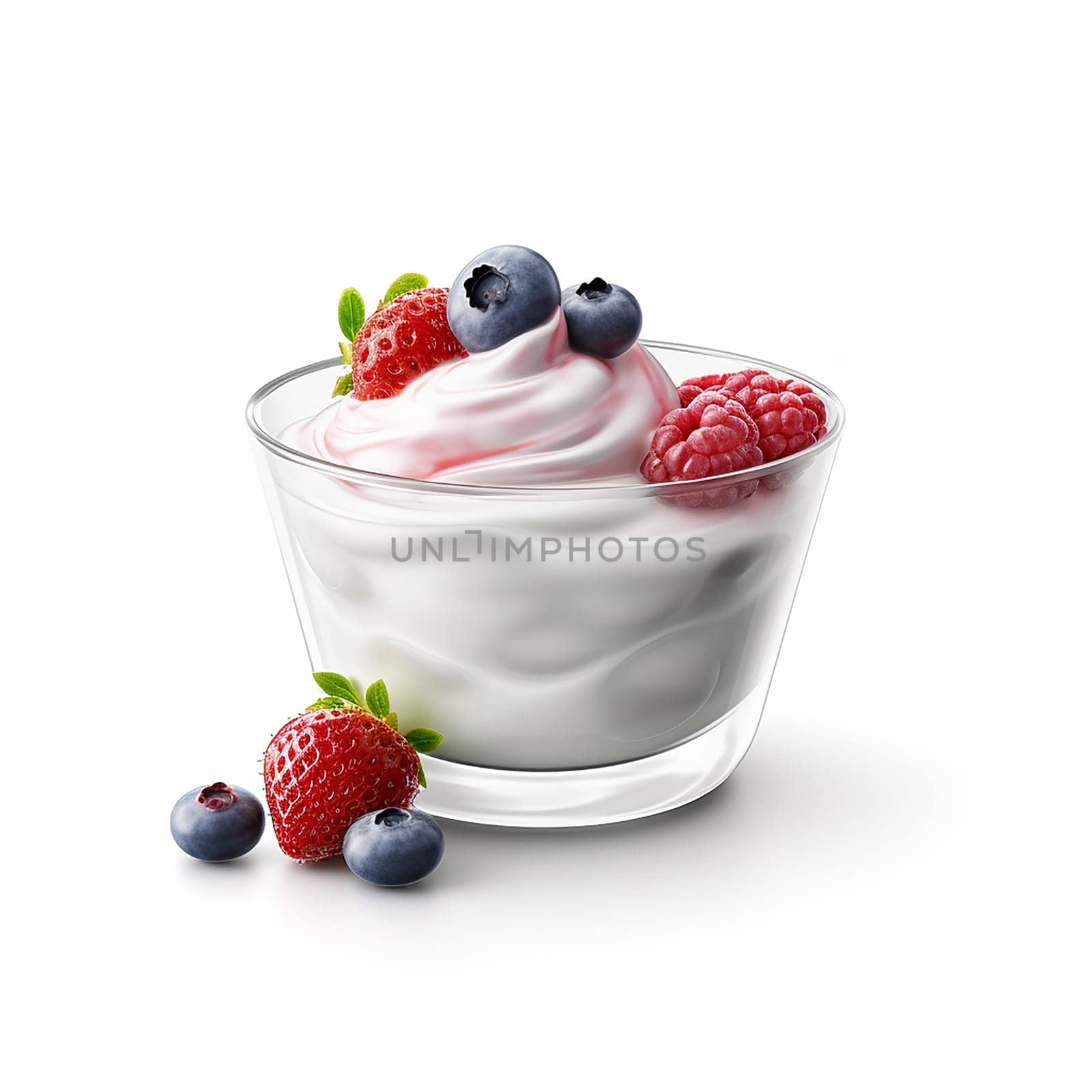 Bowl of yogurt with fresh strawberry, raspberry and blueberry on white background.