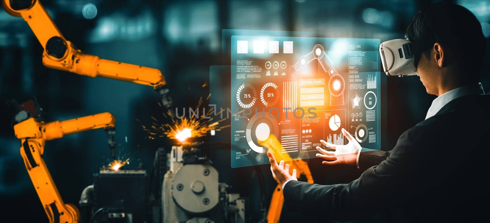 XAI Advanced robot arm system for digital industry and factory robotic technology. Automation manufacturing robot controlled by industry engineering using IOT software connected to internet network.