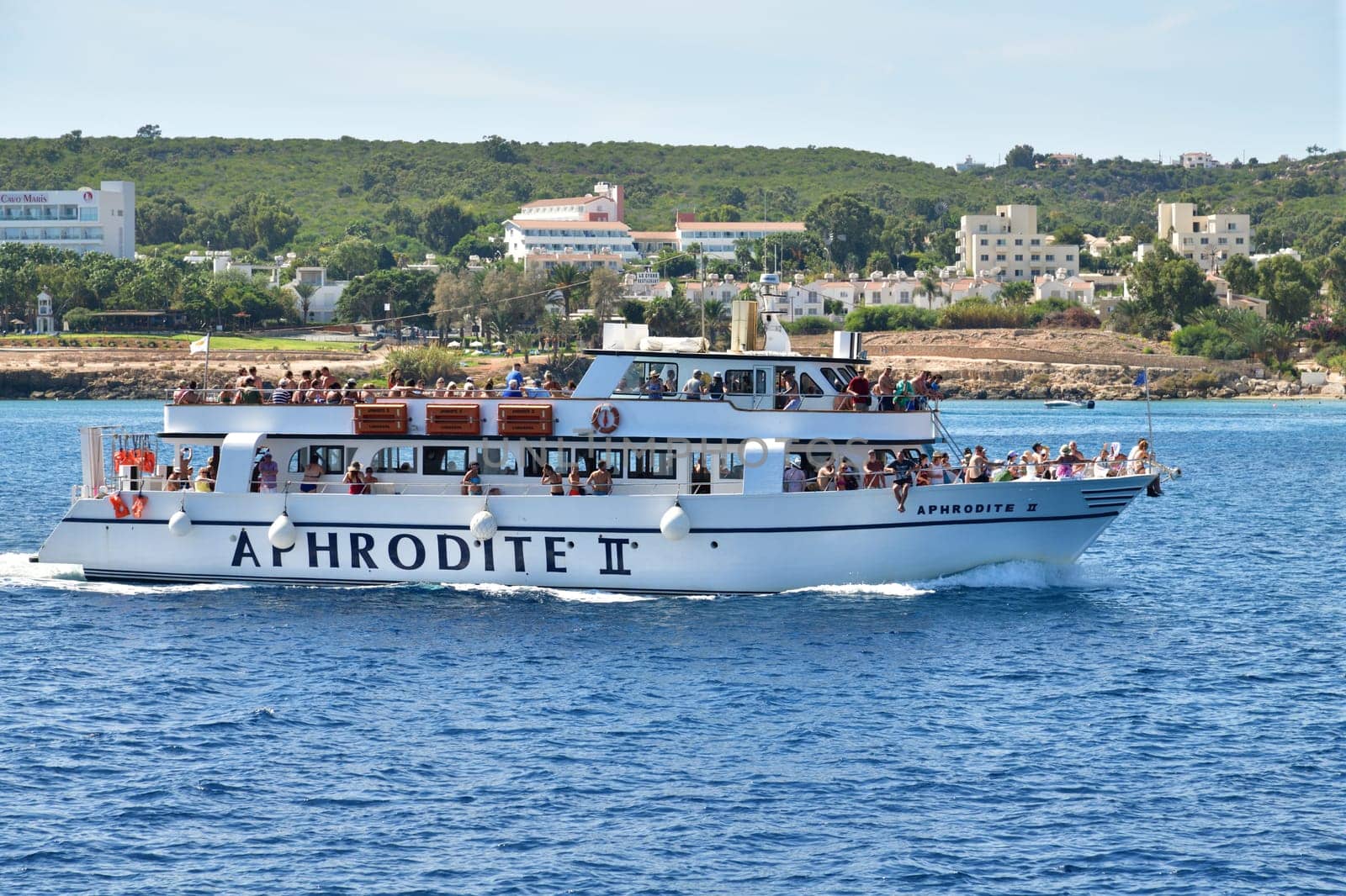 Protaras, Cyprus - Oct 10. 2019. Aphrodite II -Sightseeing ship with the tourists sets sail