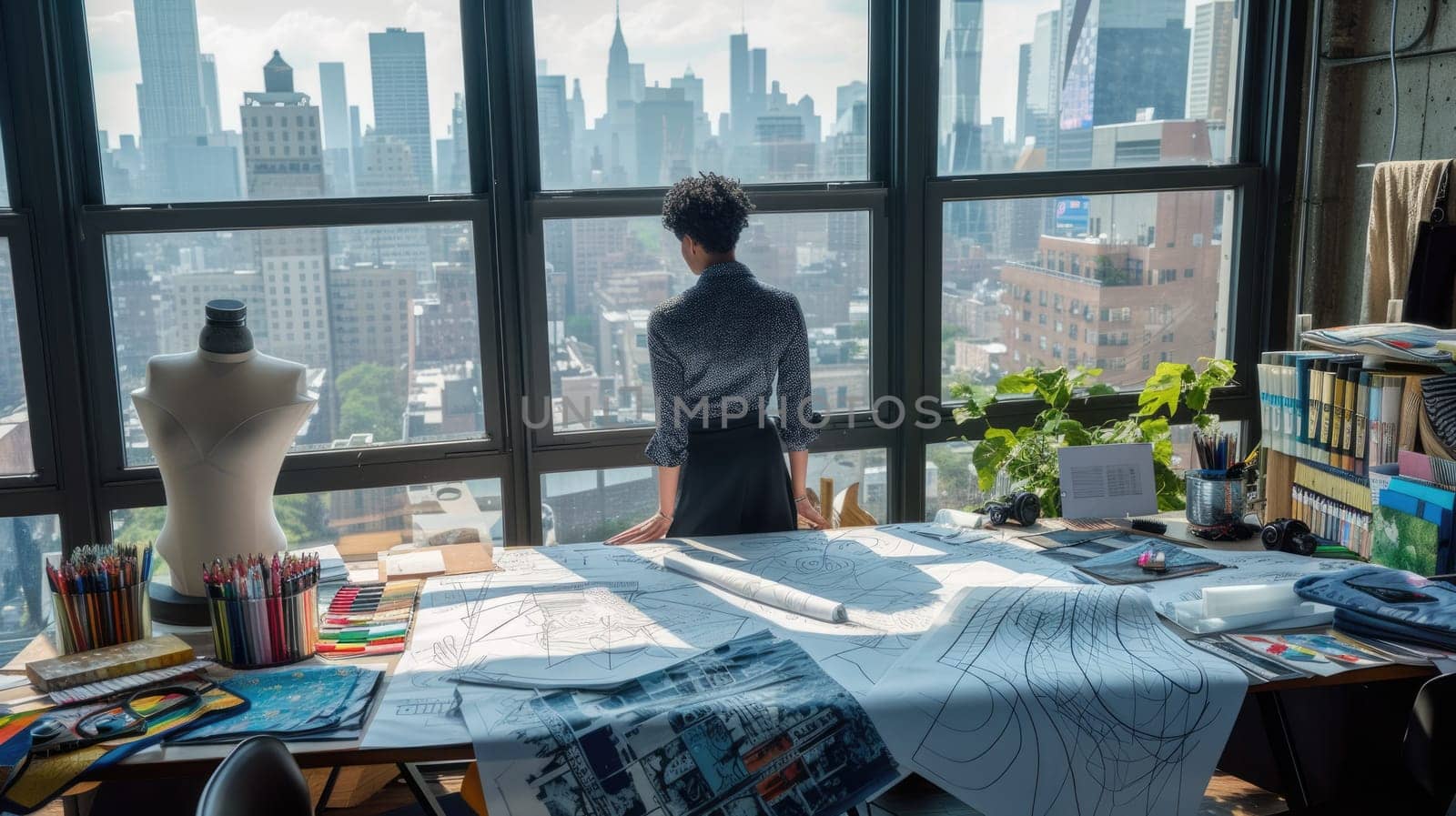 A focused fashion designer sketches new designs in a bright studio, surrounded by vibrant fabric samples and elegant mannequins. AIG41