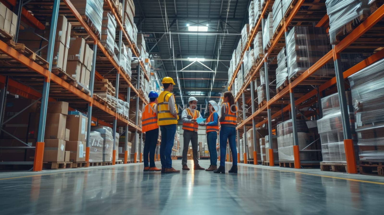 A team of warehouse workers in safety vests engage in a group discussion in a large modern logistics center. AIG41