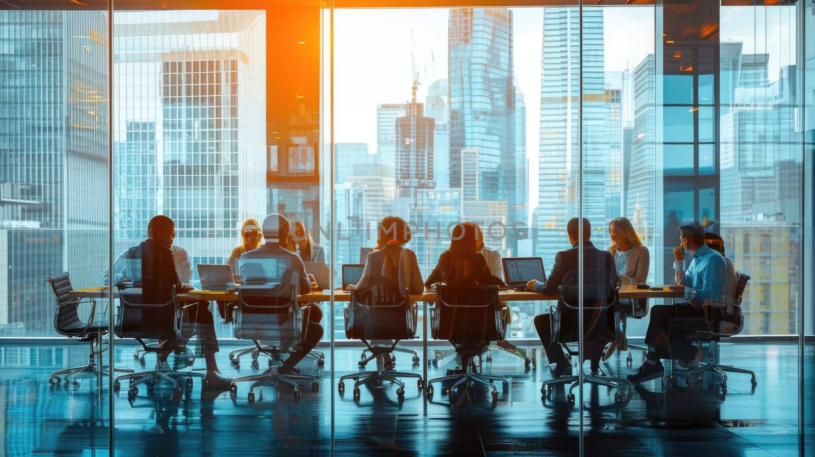 A crowd of real estate professionals gather in a glass conference room, sharing ideas and having fun during a building event. AIG41