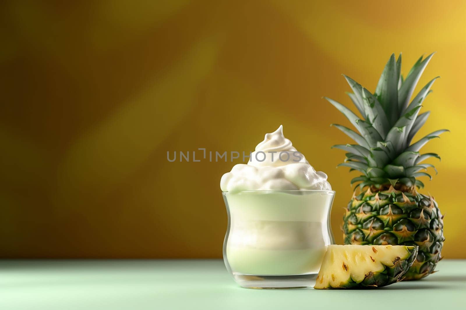 mango yogurt in a bowl with pineapple pieces and dollops scattered on a yellow background.