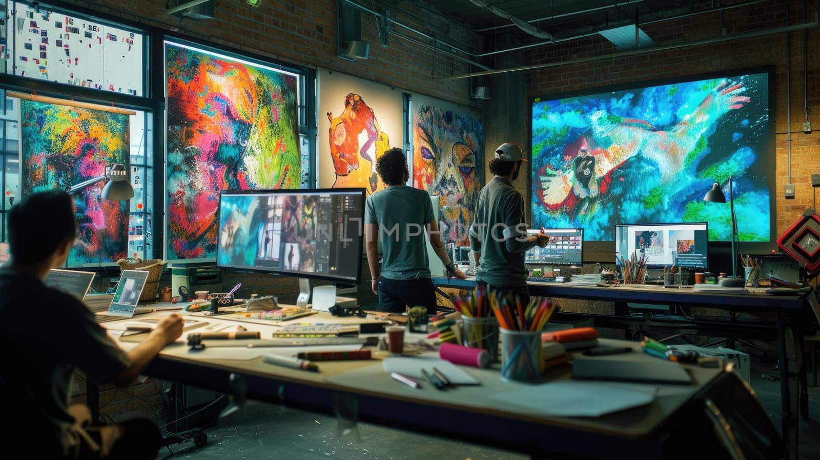 A man is using a computer in an office building, surrounded by tables, paintings, and art in a magenta-themed room. AIG41