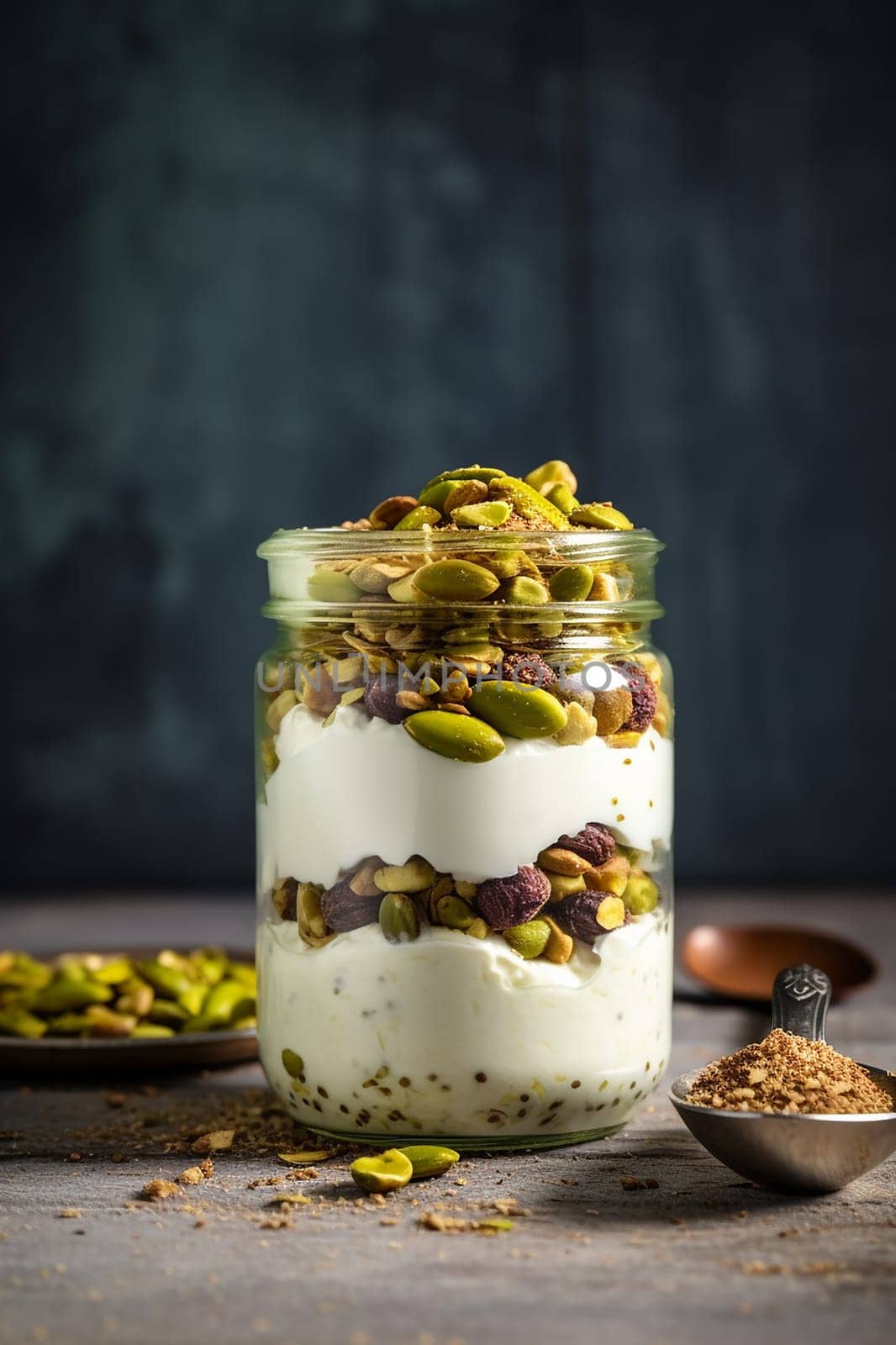 A bowl of creamy yogurt topped with green pistachios alongside fresh green grapes.