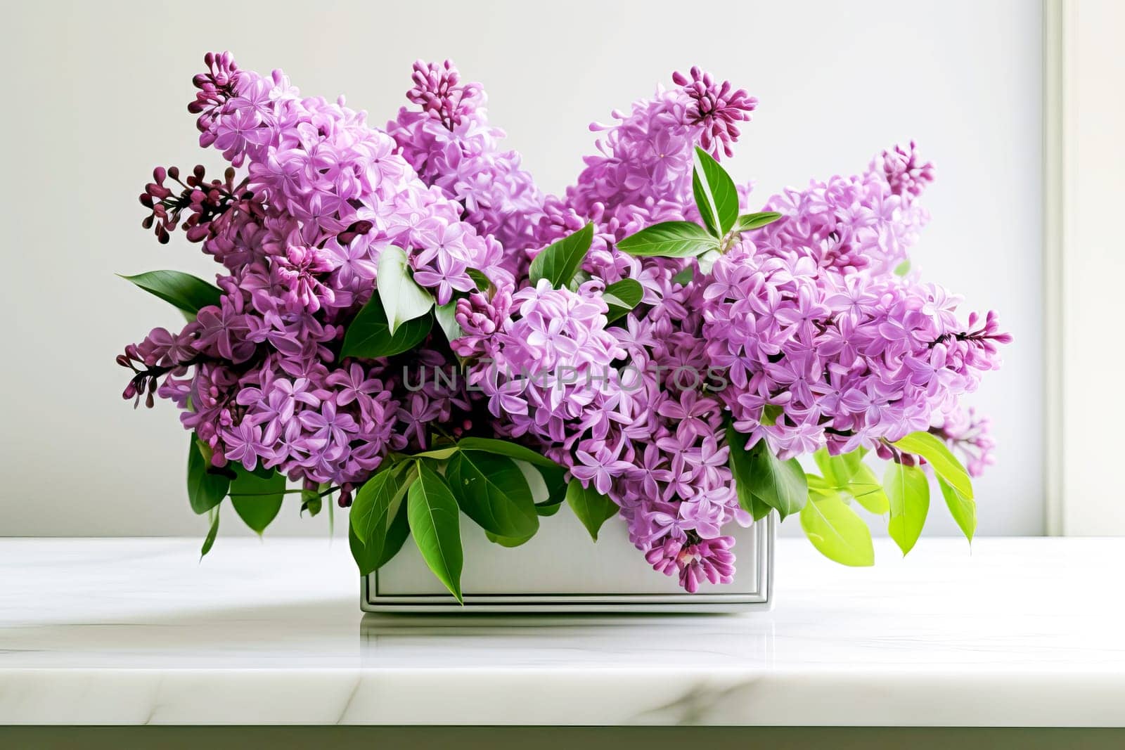 A bouquet of beautiful fragrant lilacs in a vase. AI generated.