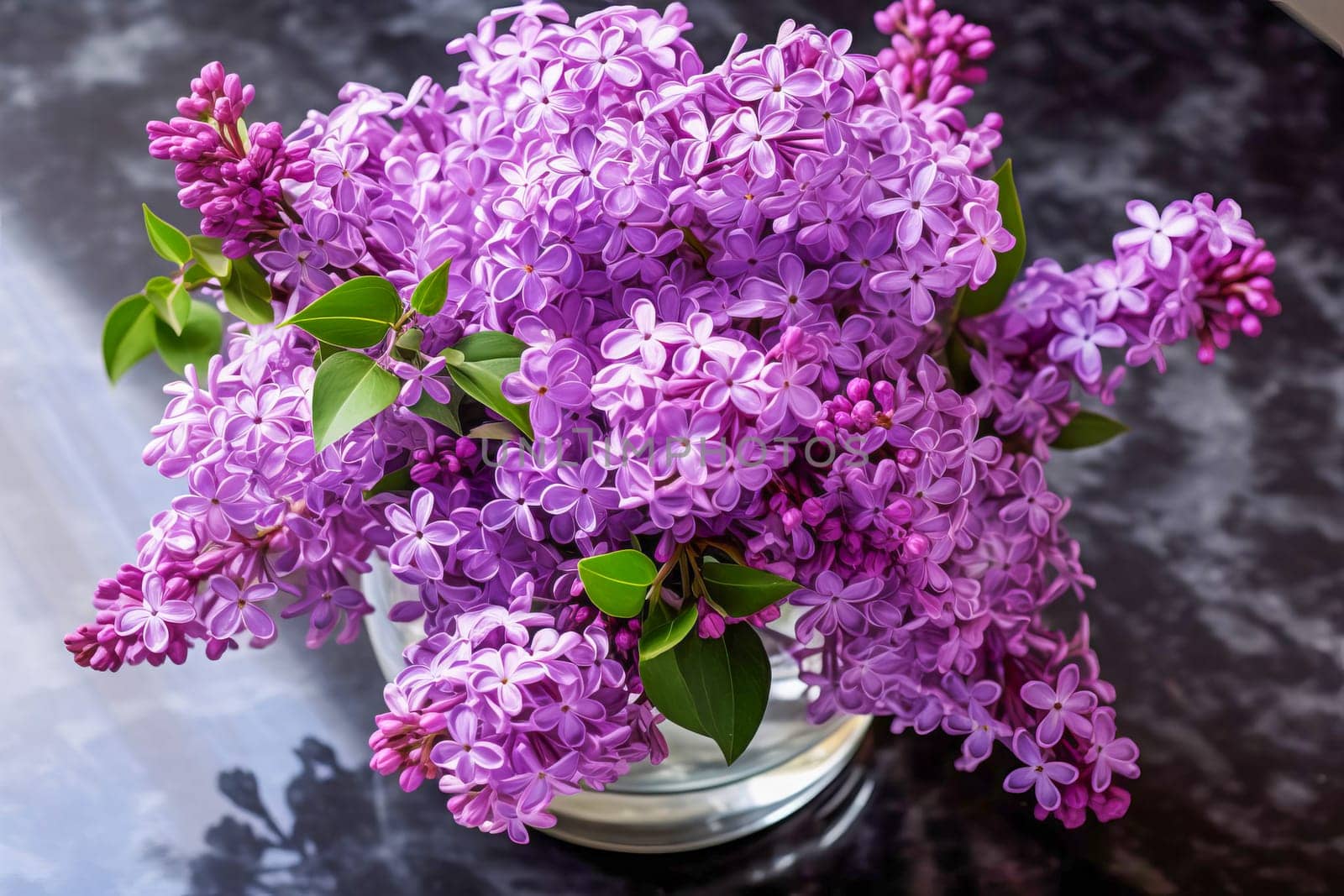 A bouquet of beautiful fragrant lilacs in a vase. AI generated.