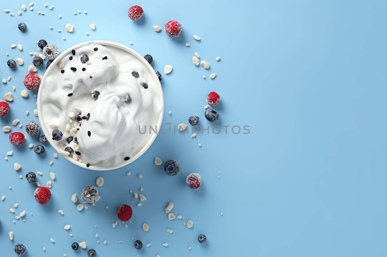 A bowl of yogurt topped with blueberries on a blue backdrop with scattered berries.