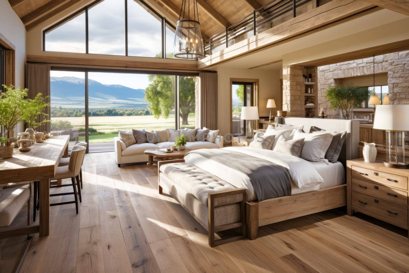 Hotel room with panoramic view of the mountains.