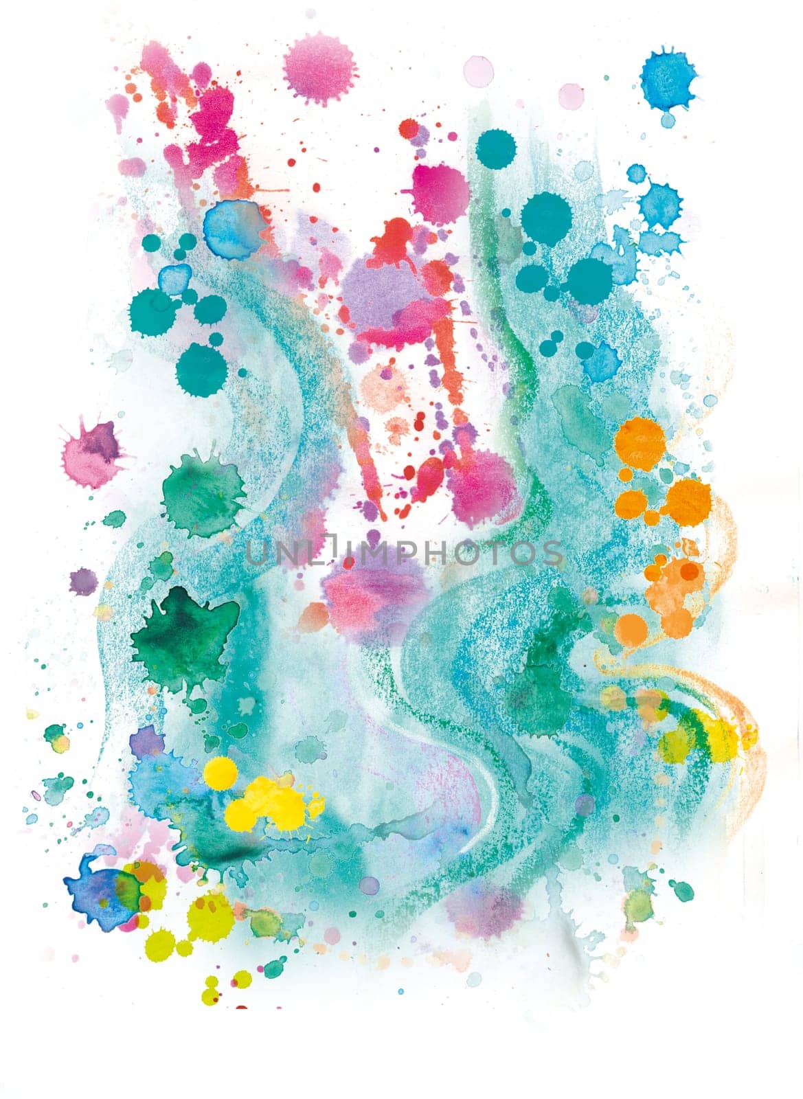 Drops and blots together with watercolor and gouache monotypes isolated on a white background for design and creating art effects