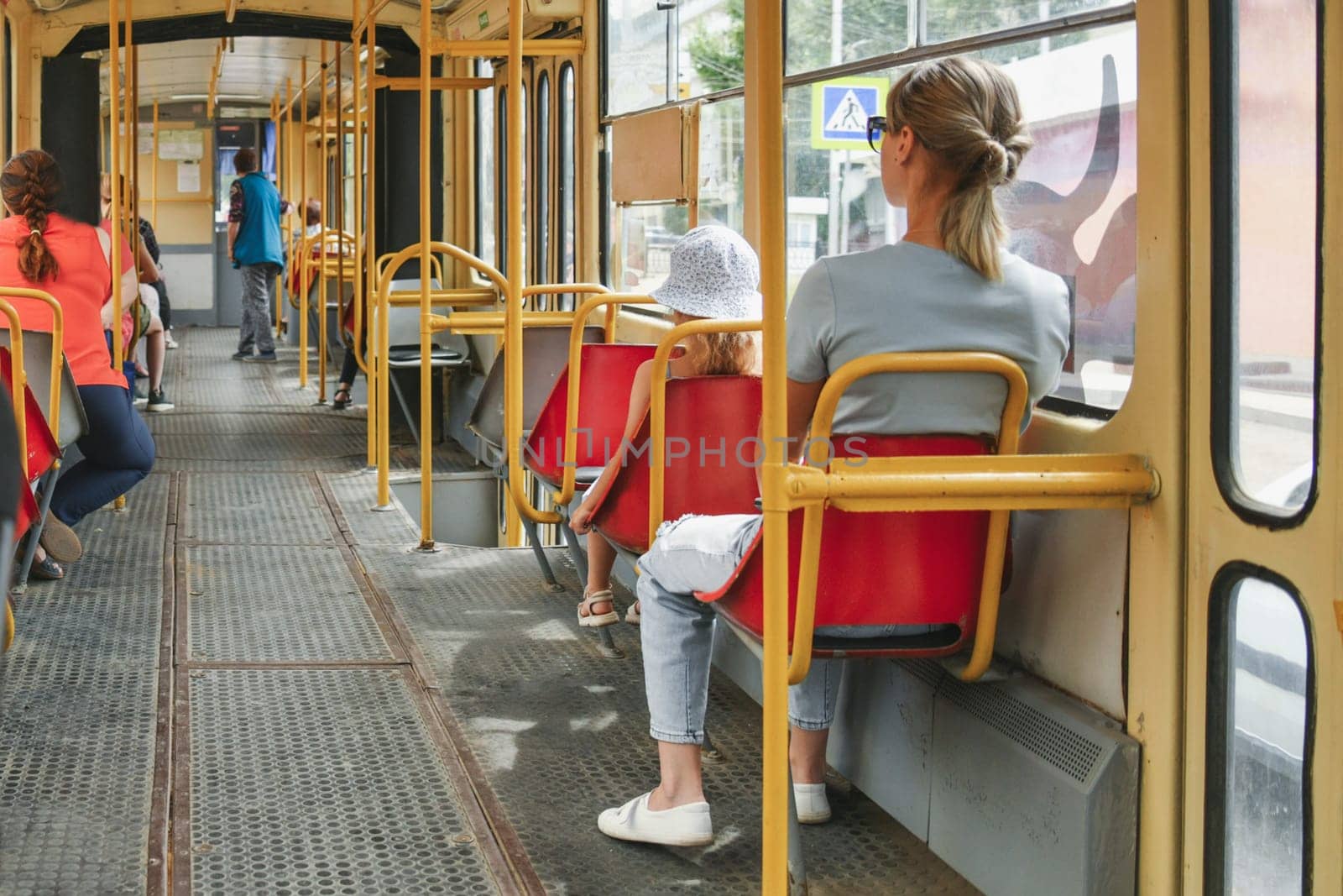 Vintage old historical tram with the passengers