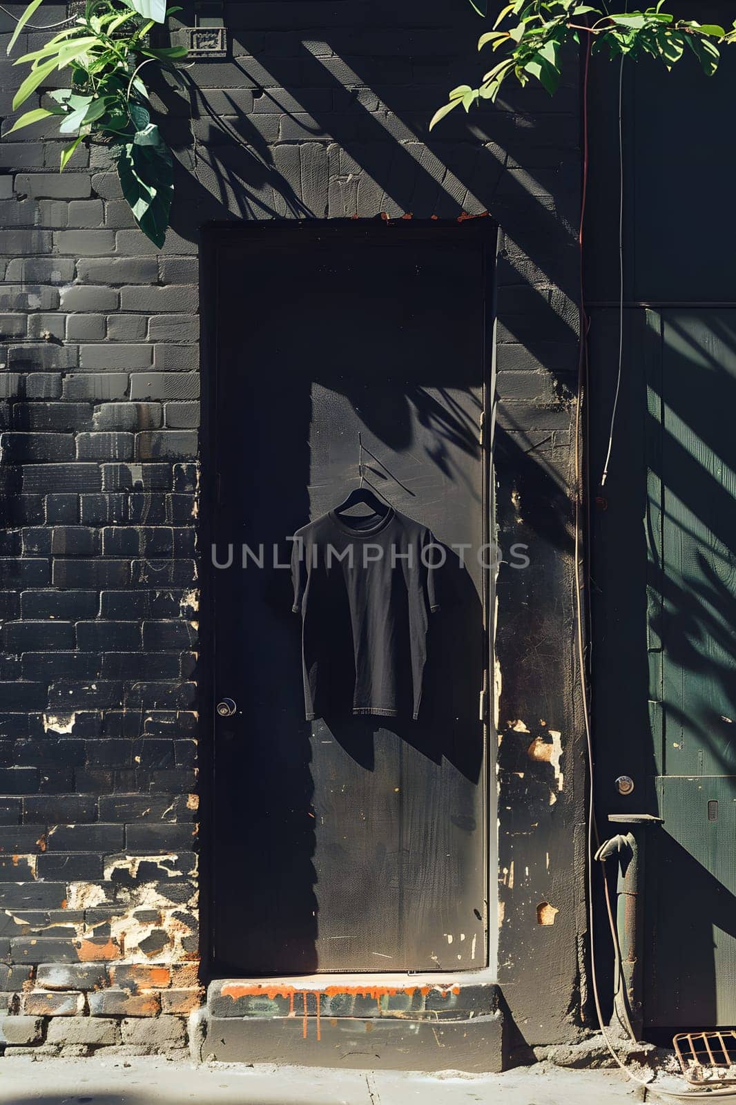 A black tshirt is hanging on a black door of a building, contrasting against the wood and brick facade. The green grass and tree add to the scene
