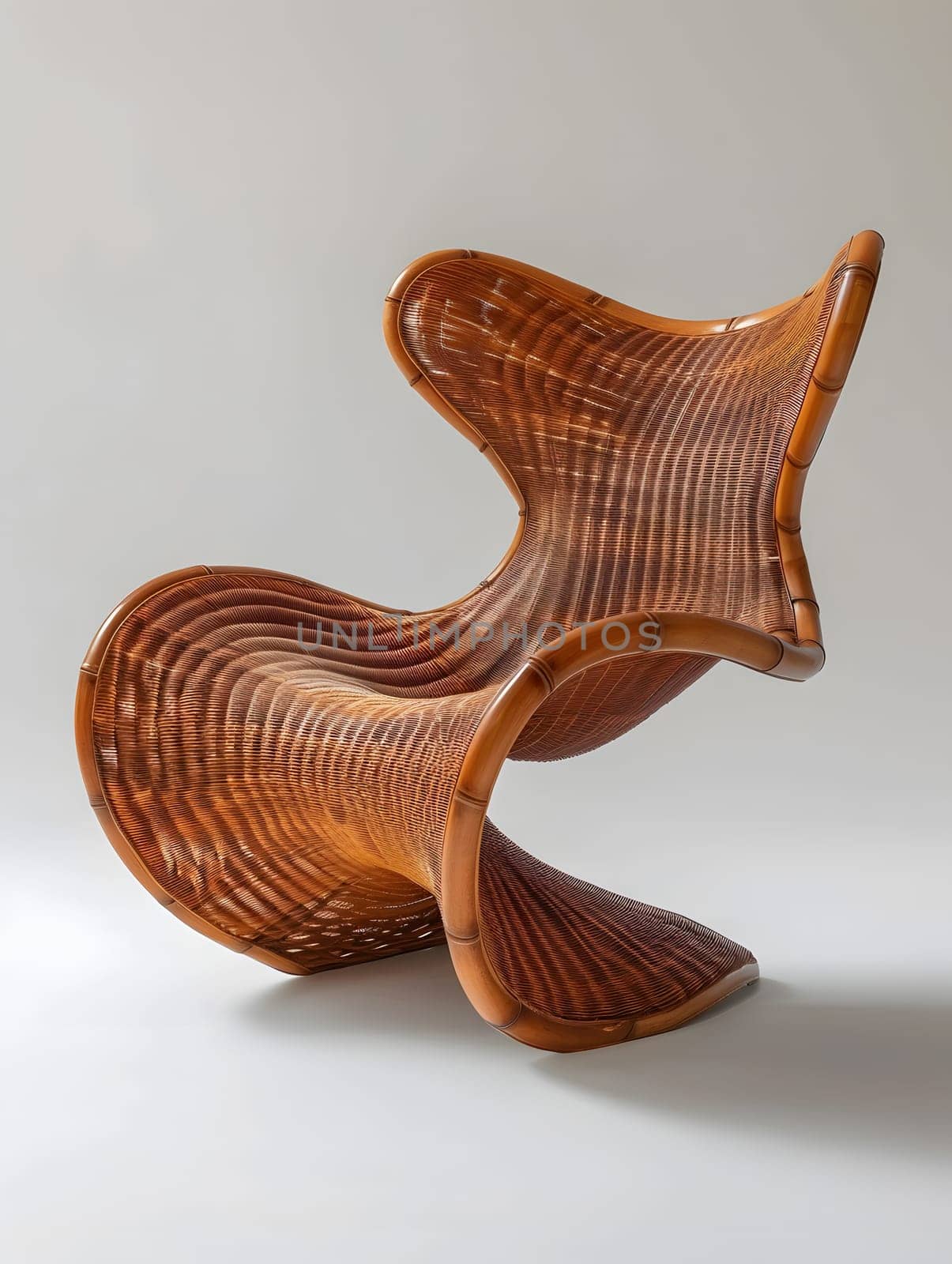A beautifully crafted wooden chair with intricate carvings of fish and molluscs sits elegantly on a sleek white surface, showcasing the artistry of wood and metal