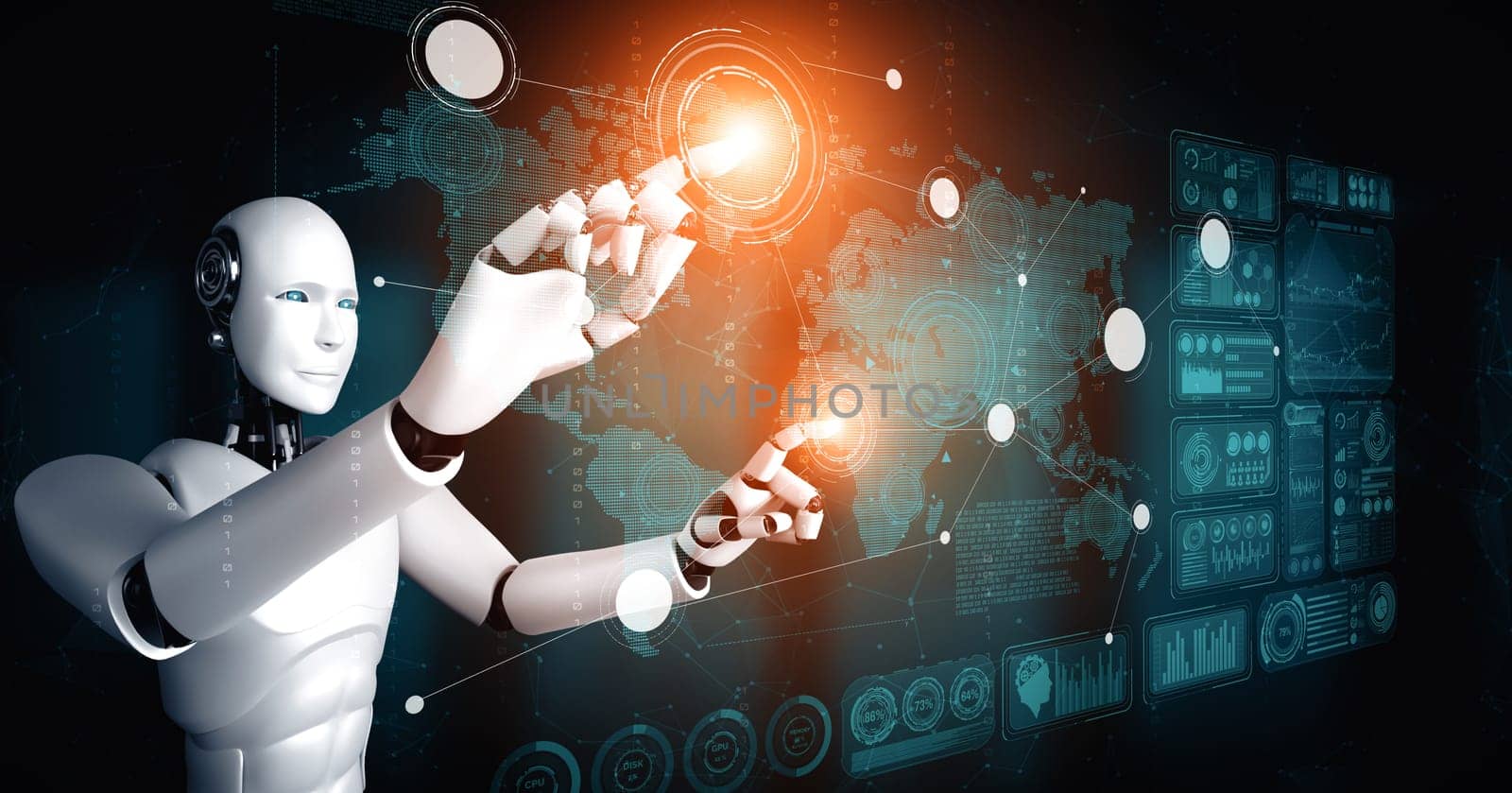 XAI 3d illustration AI humanoid robot touching virtual hologram screen showing concept of big data analytic using artificial intelligence thinking by machine learning process. 3D illustration.