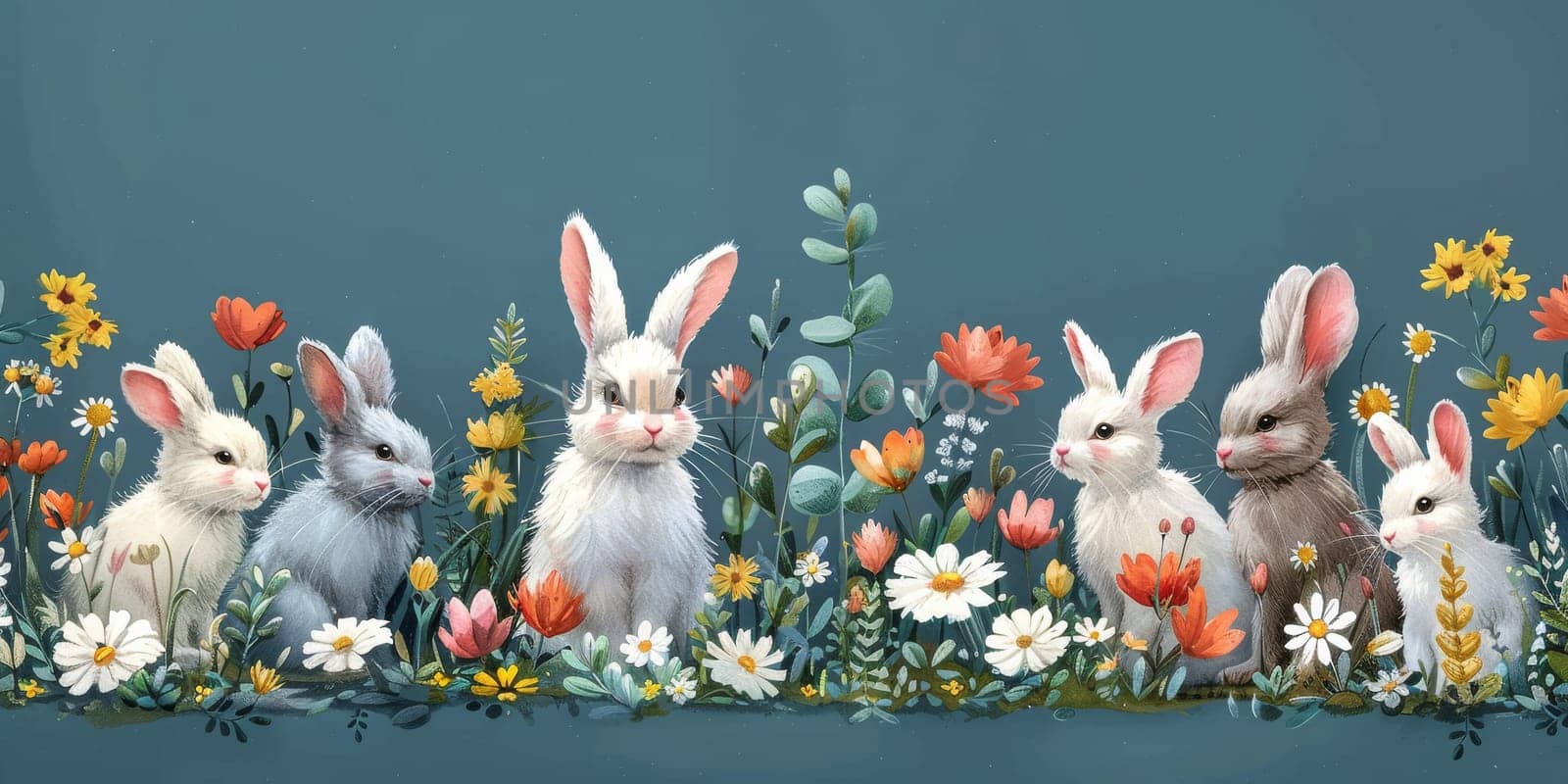 Little Easter bunny and Easter eggs on grass