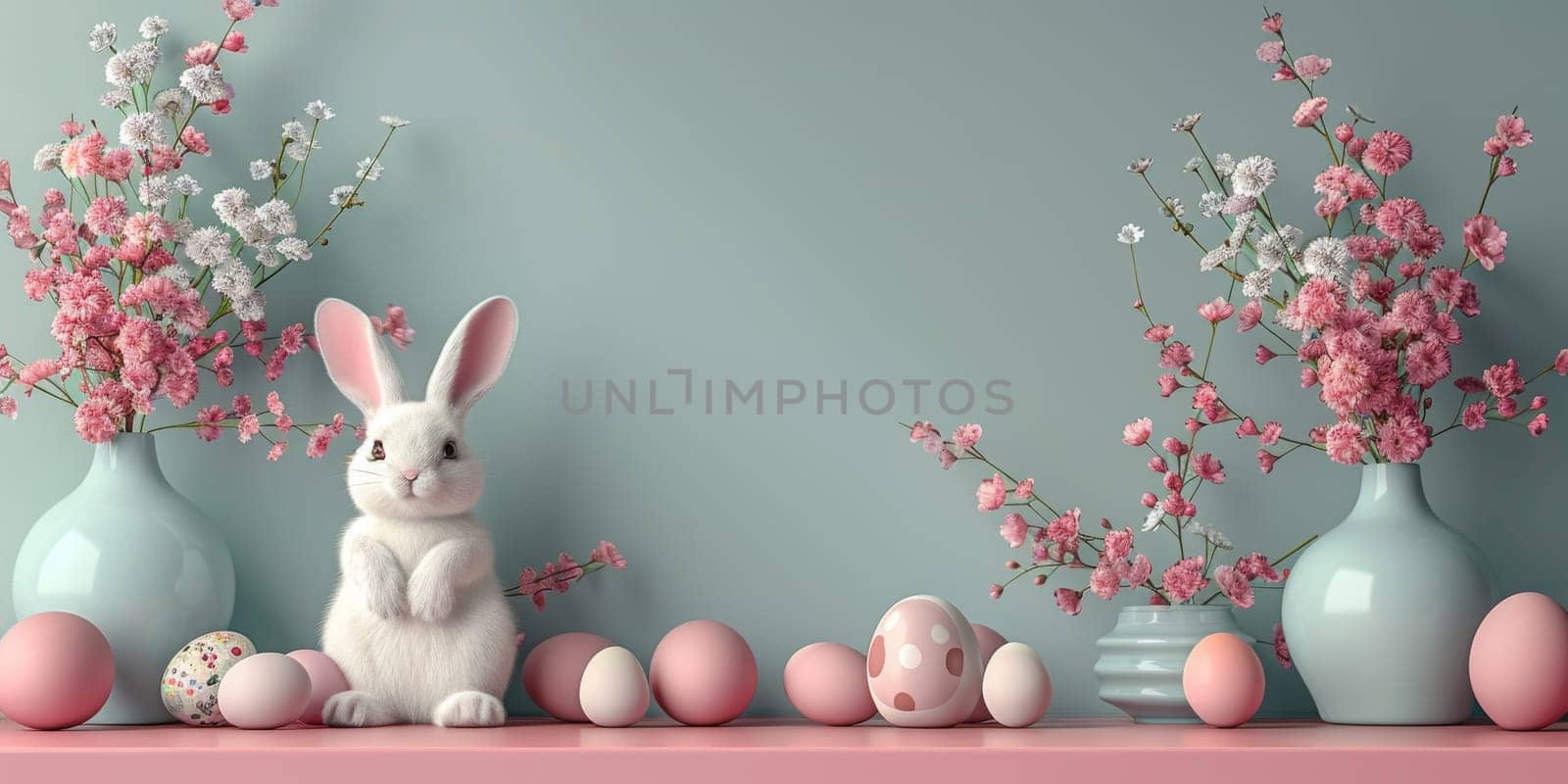 Little Easter bunny and Easter eggs on grass. by Benzoix