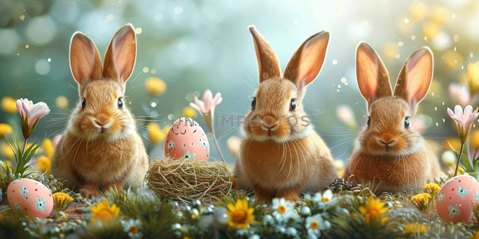 Little Easter bunny and Easter eggs on grass