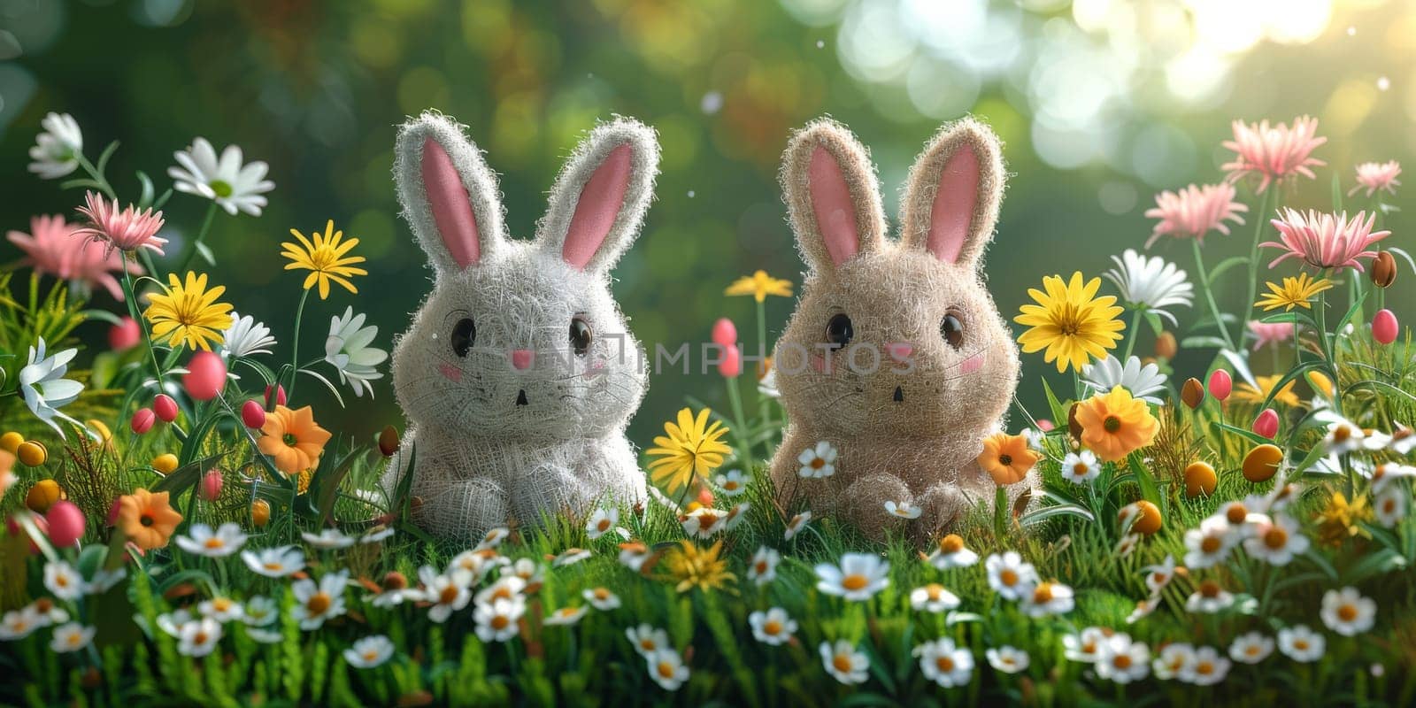 Little Easter bunny and Easter eggs on grass
